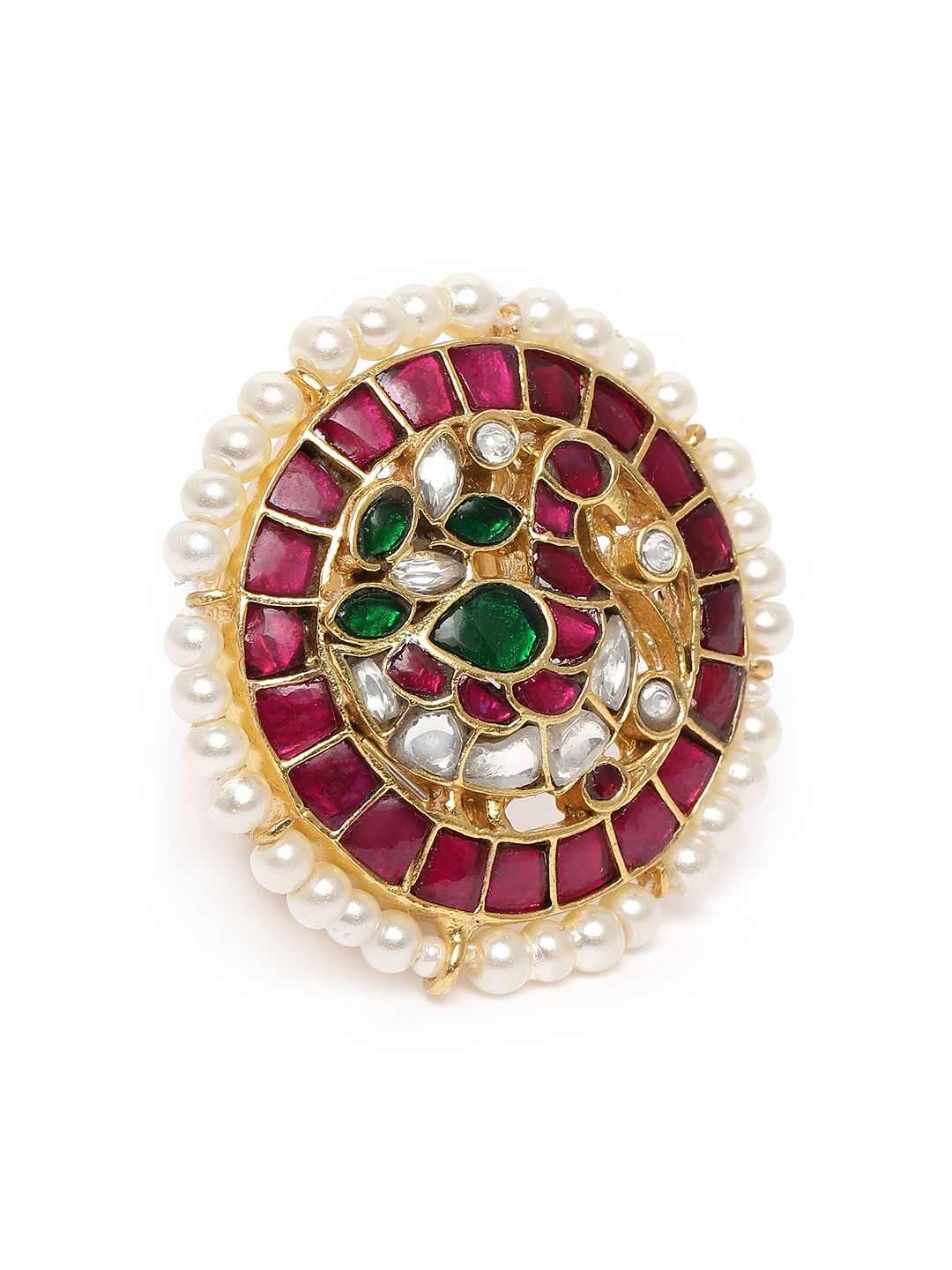 AccessHer Women Gold Plated & Pink Handcrafted Jadau Kundan Adjustable Finger Ring Price in India