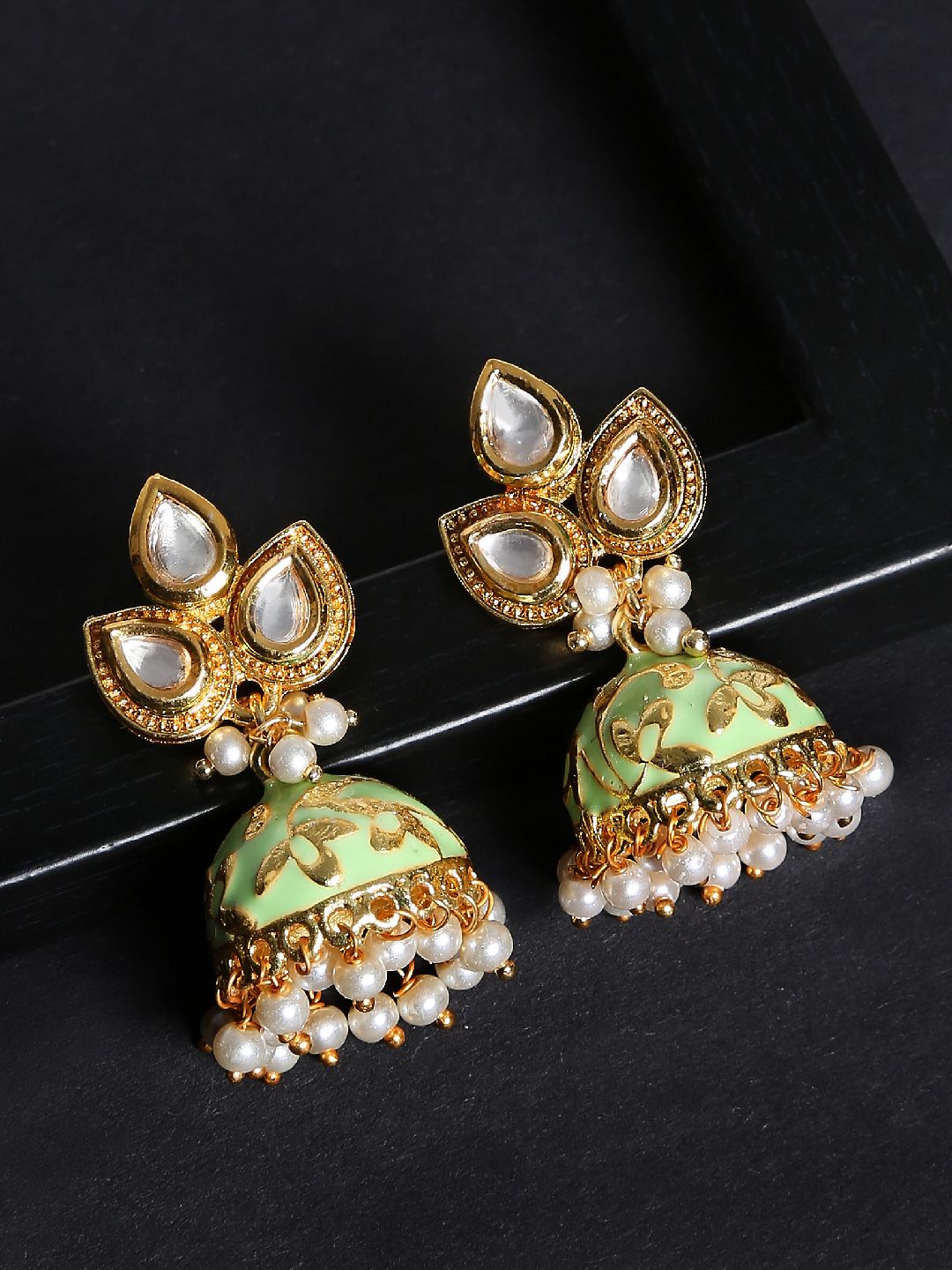 OOMPH Green Gold-Plated Dome Shaped Jhumkas Price in India
