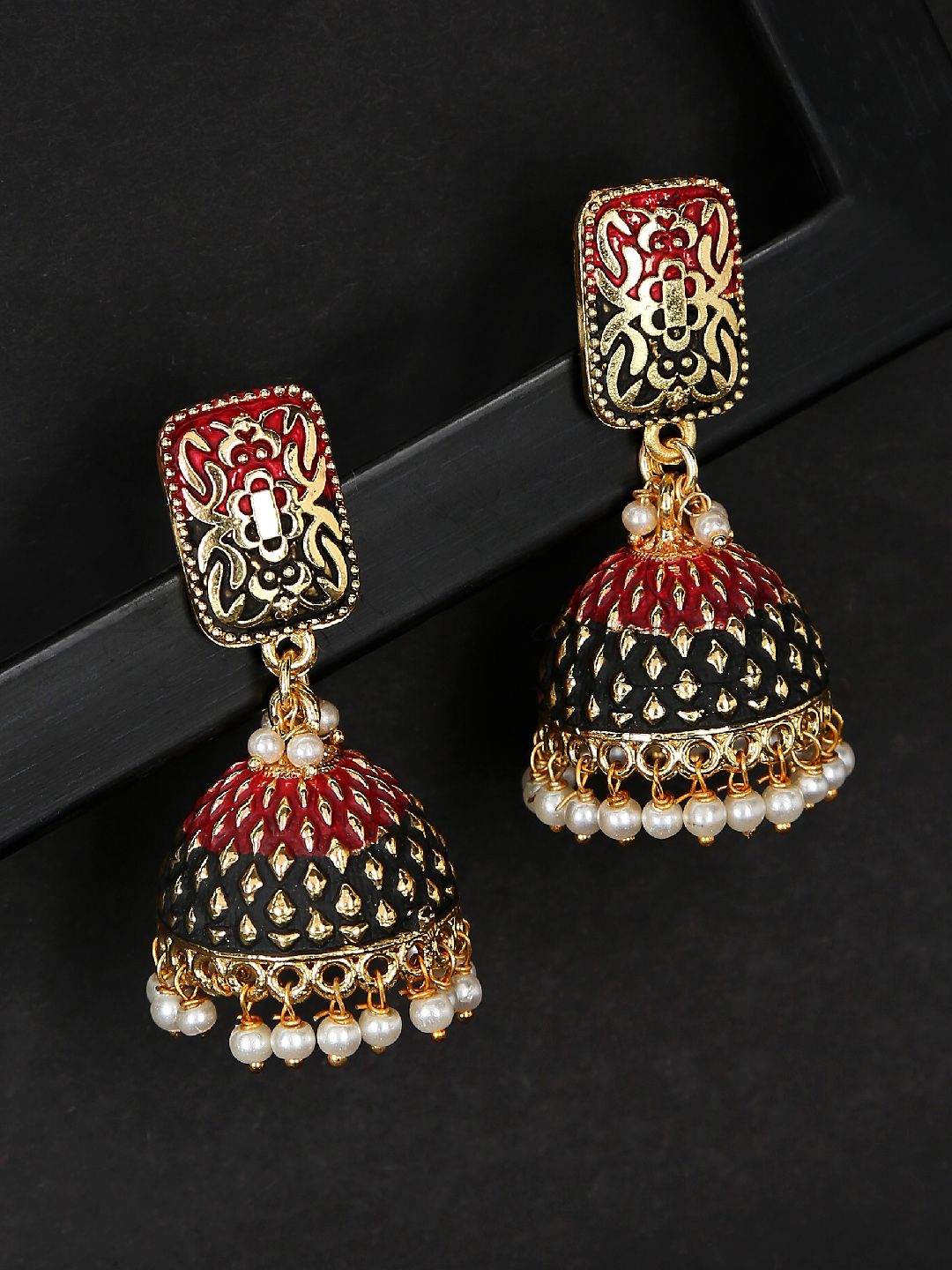 OOMPH Gold-Plated & Red Meenakari Enamel Dome Shaped Jhumkas Price in India