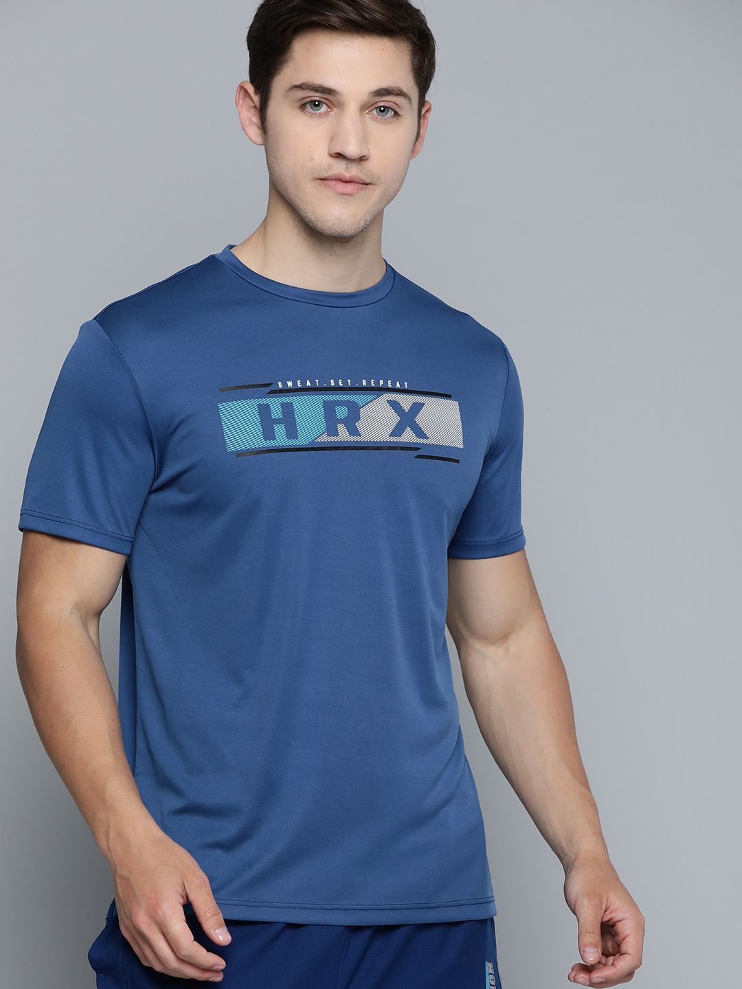 HRX by Hrithik Roshan Men Blue Brand Logo Print Round Neck Training T-shirt