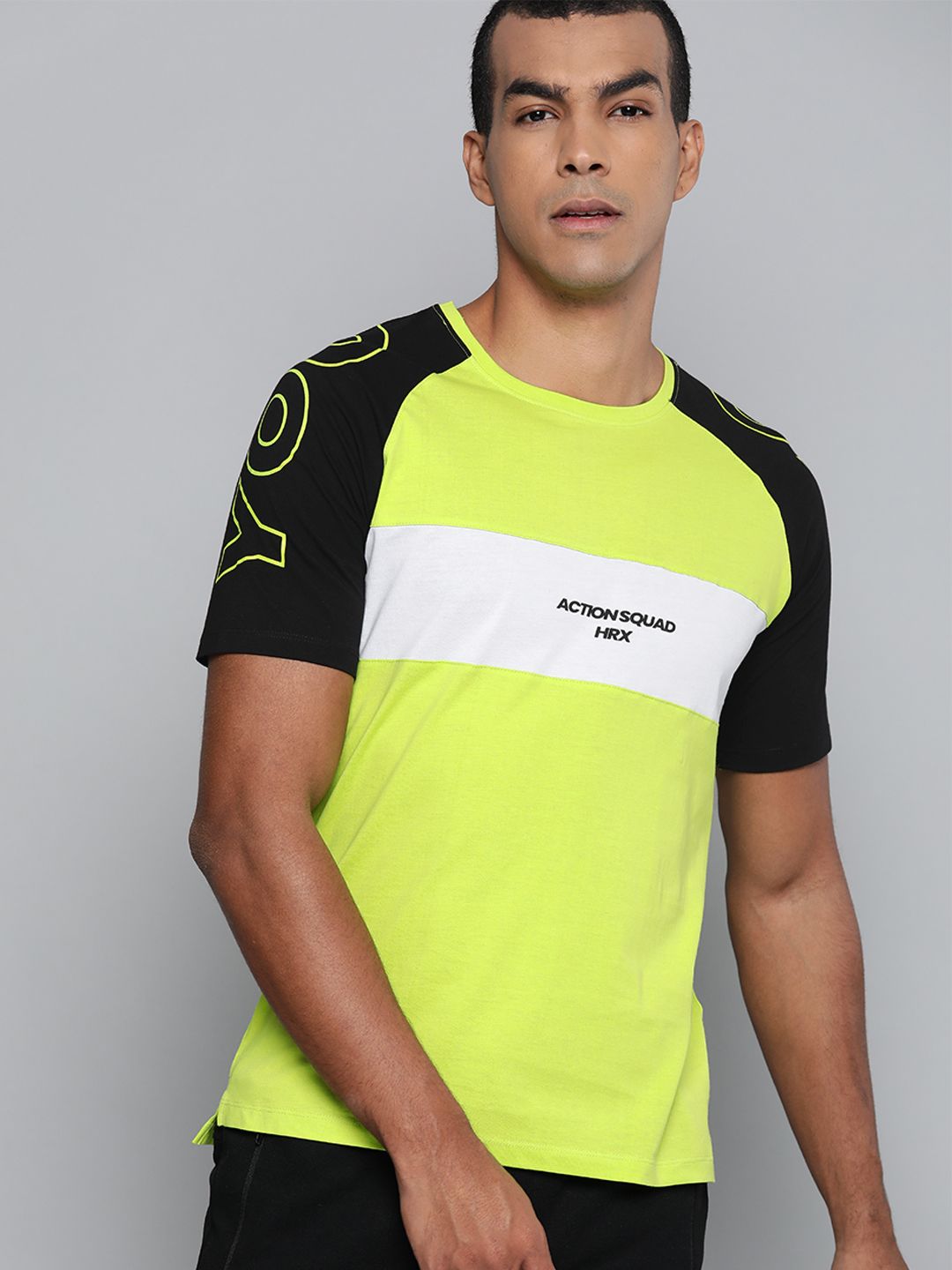 HRX By Hrithik Roshan Men Wild Lime , Jet Black , Optic White Colourblock Bio-Wash Lifestyle Tshirt