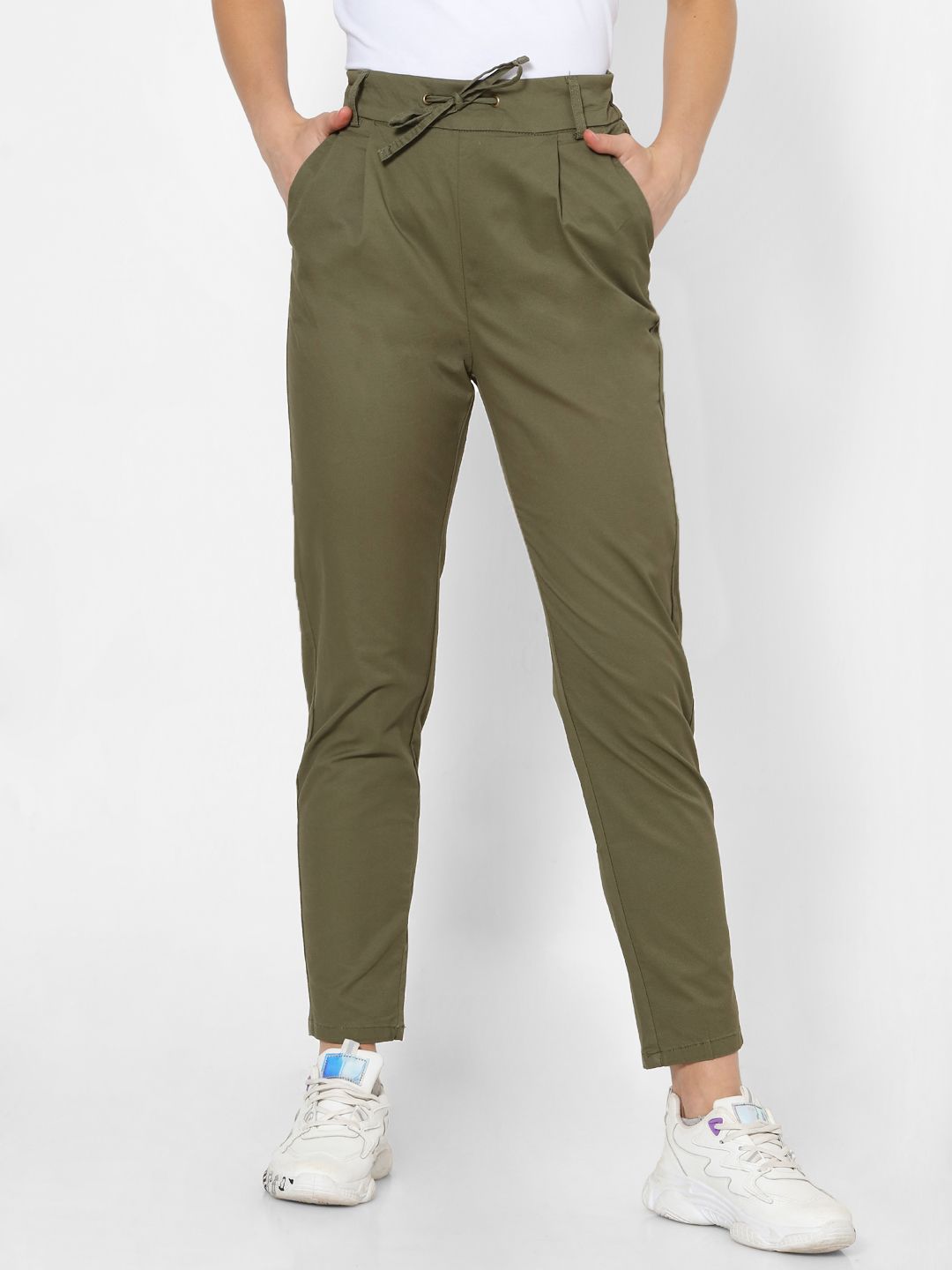 ONLY Women Olive Green Straight Fit High-Rise Pleated Regular Trousers