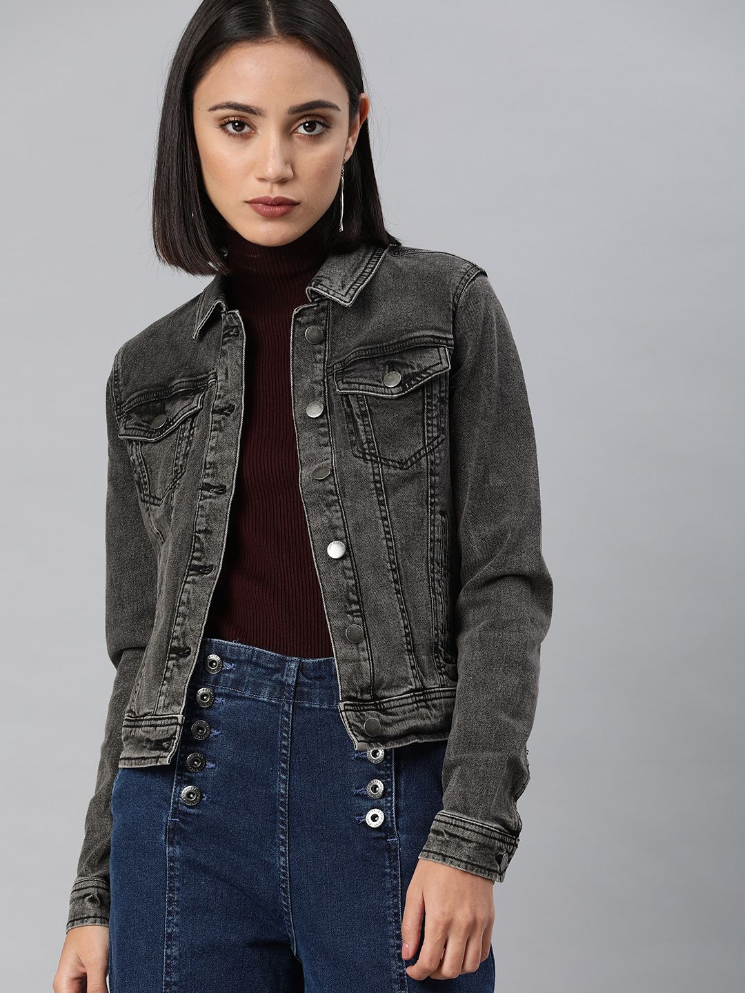ONLY Women Grey Solid Denim Jacket Price in India