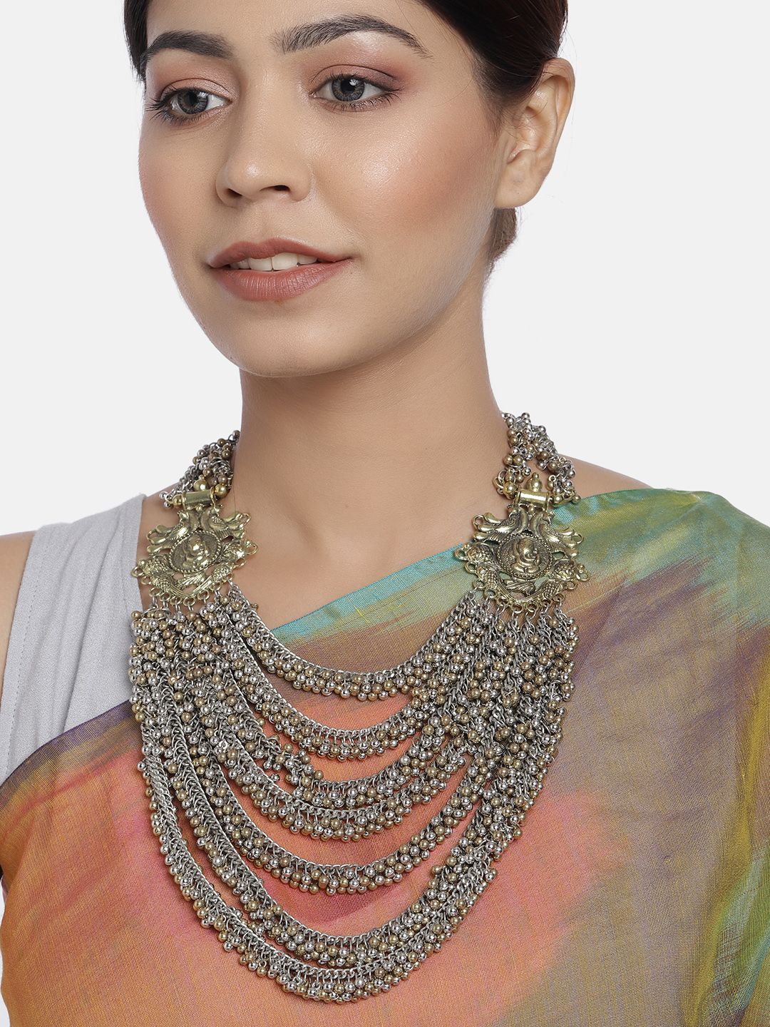 justpeachy Women Antique Gold & Silver-Toned Layered Long Necklace Price in India