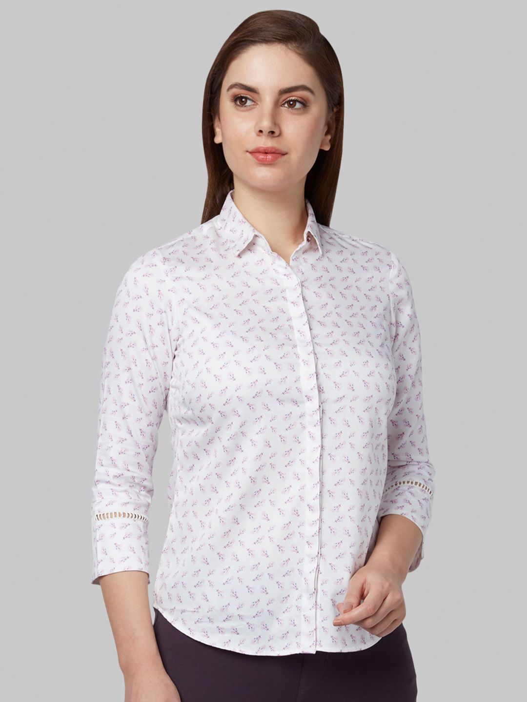 Park Avenue Women White & Pink Slim Fit Printed Formal Shirt