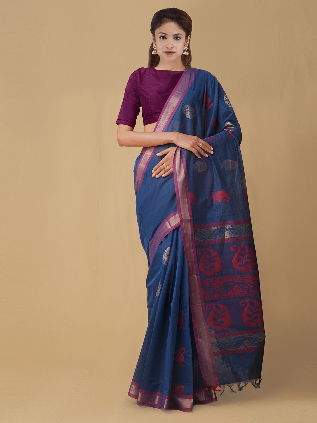 Unnati Silks Navy Blue Pure Cotton Woven Design Uppada Handloom Saree