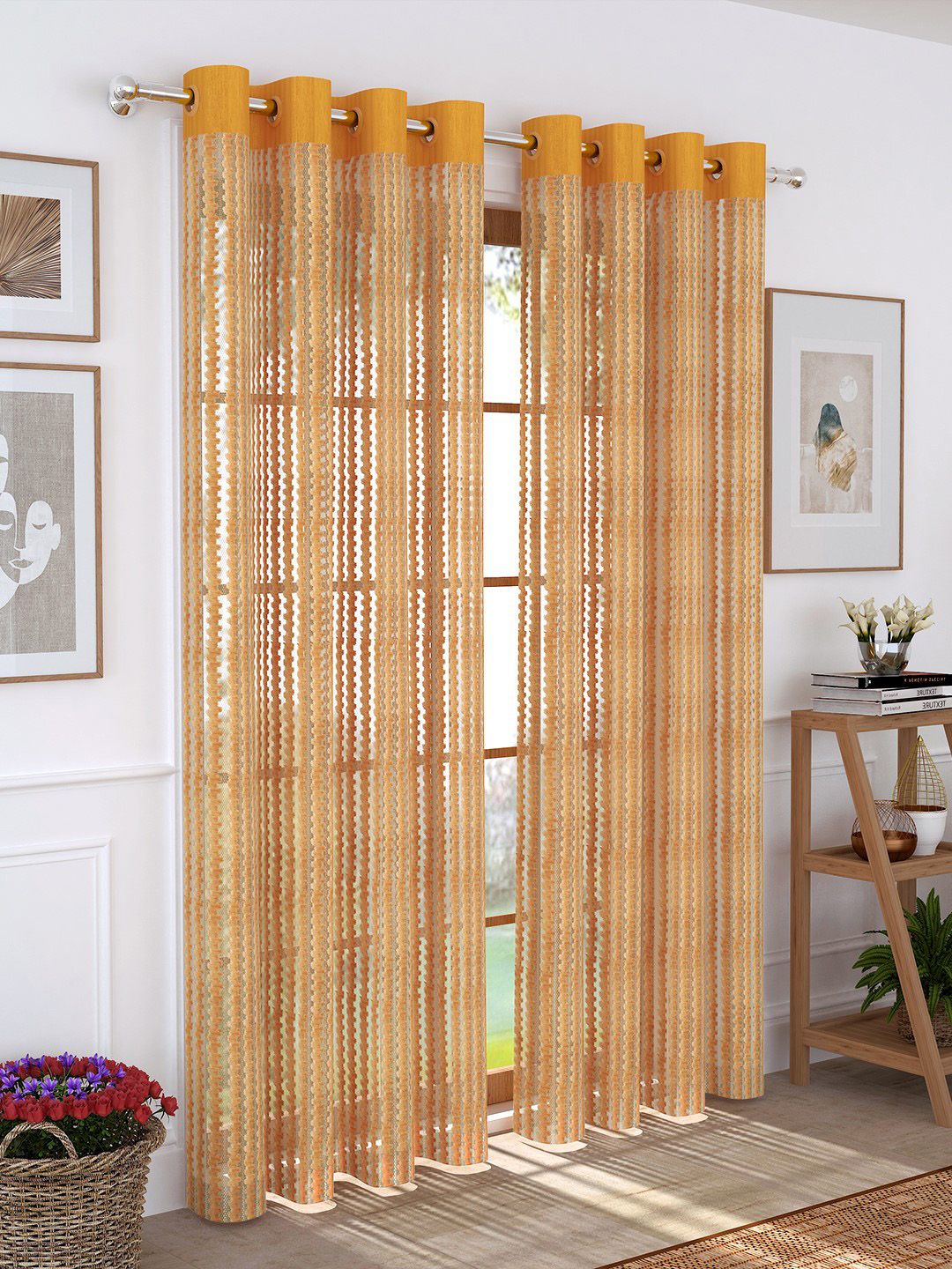 Story@home Set Of 2 Gold-Coloured Sheer Long Door Curtains Price in India