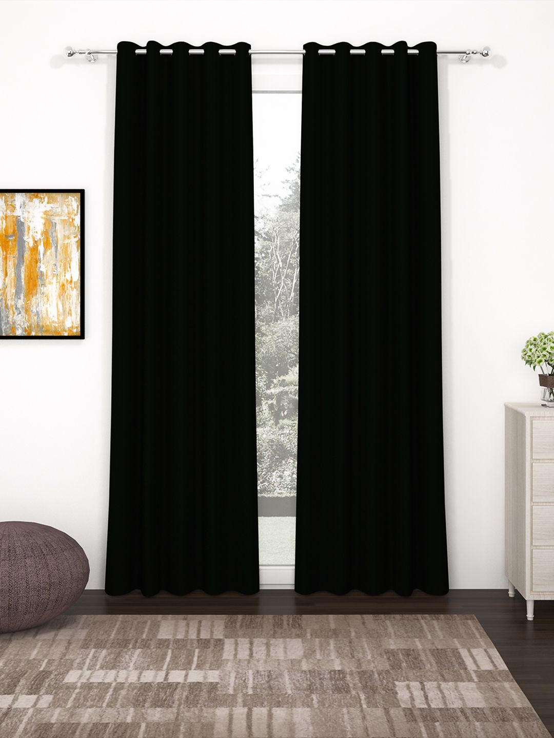 Story@home Black Set of 2 Faux Silk Solid 300GSM Room Darkening Blackout Long Door Curtains Price in India