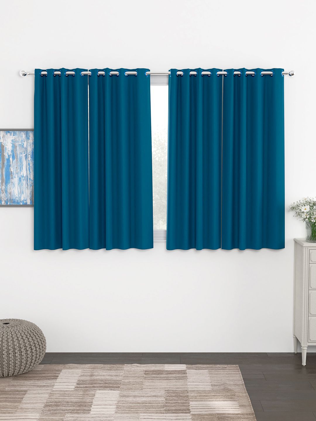 Story@Home Faux Silk Solid Solid 300GSM Navy Blue Room Darkening Blackout Window Curtain - Set Of 4 Price in India