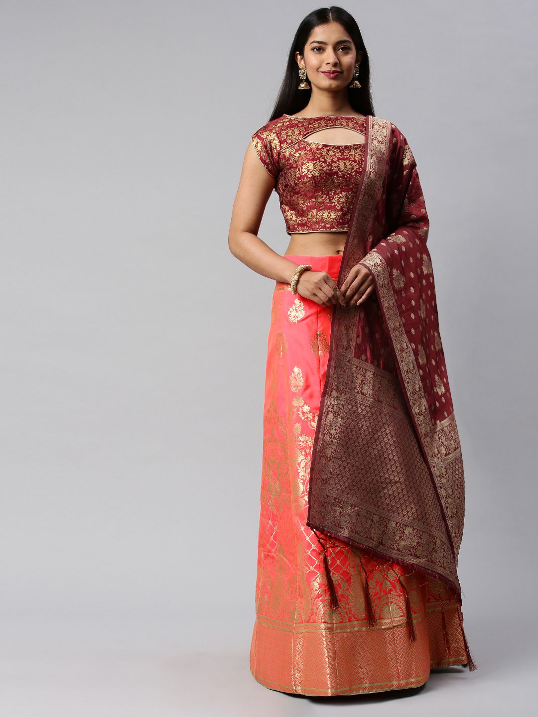 flaher Peach-Coloured & Gold-Toned Woven Design Unstitched Lehenga & Blouse with Dupatta