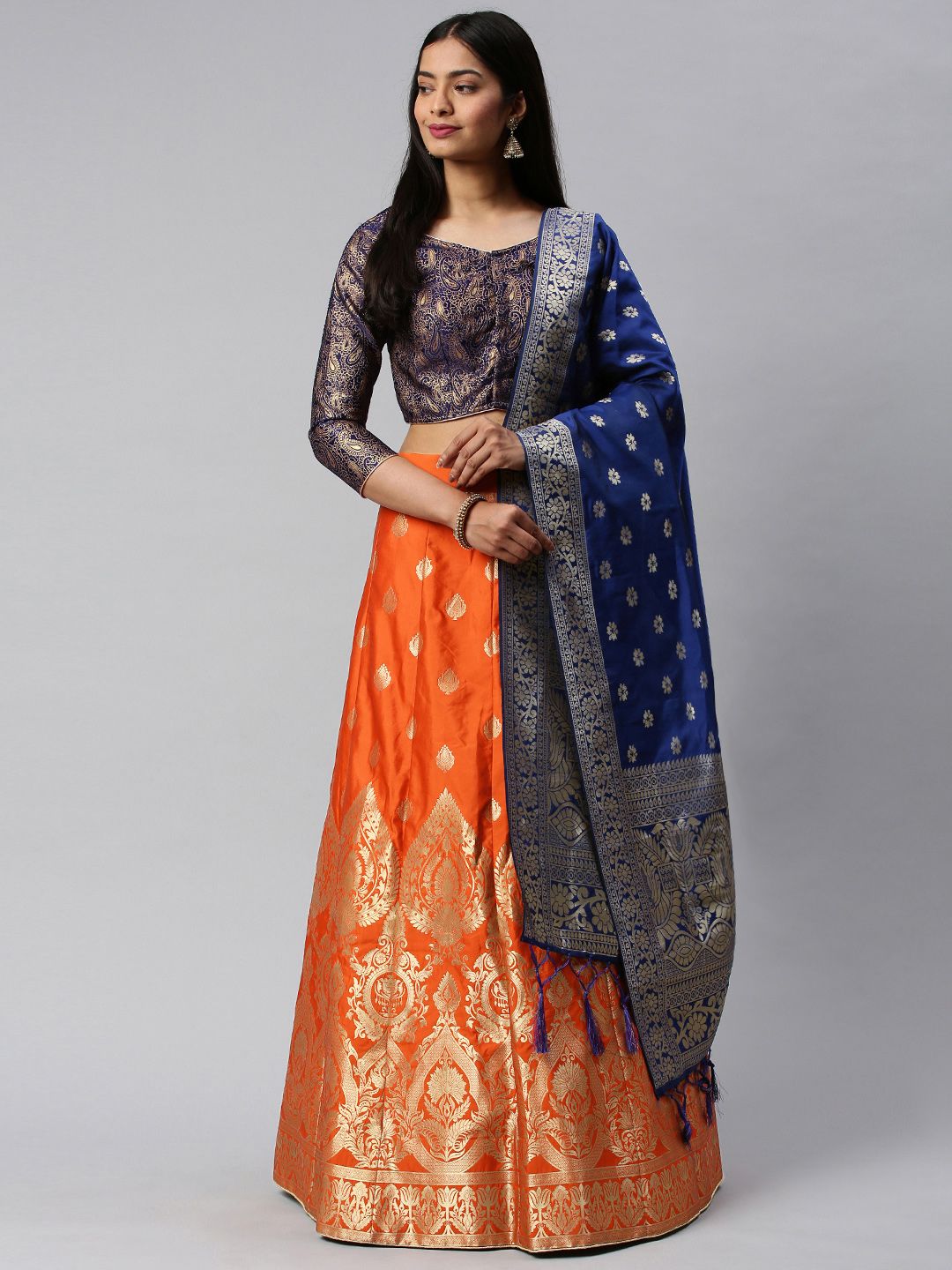 flaher Orange & Navy Blue Woven Design Unstitched Lehenga & Blouse with Dupatta