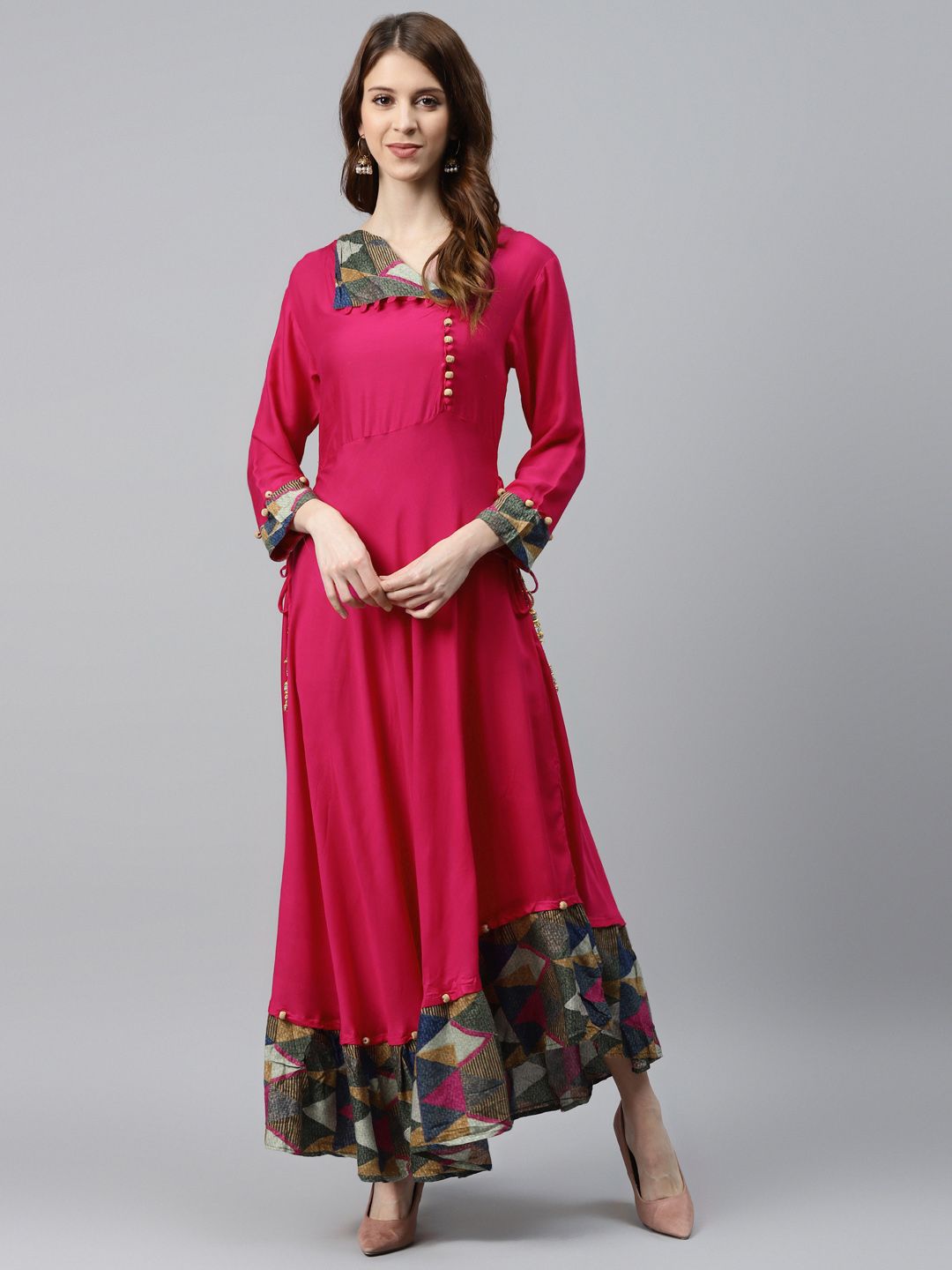 Chhabra 555 Women Pink Solid Made to Measure Assymetrical Maxi Dress