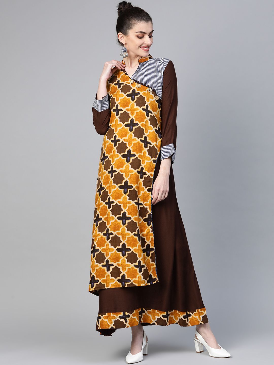 Chhabra 555 Women Brown & Mustard Yellow Kalamkari Print Made to Measure Maxi Dress