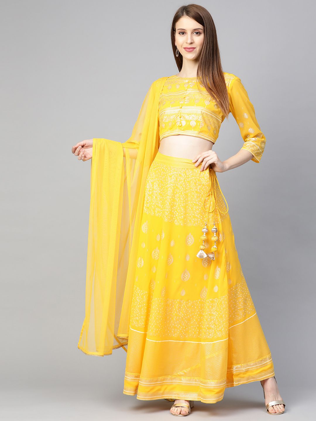 Juniper Yellow & Silver Foil Print Ready to Wear Georgette Lehenga & Blouse with Dupatta