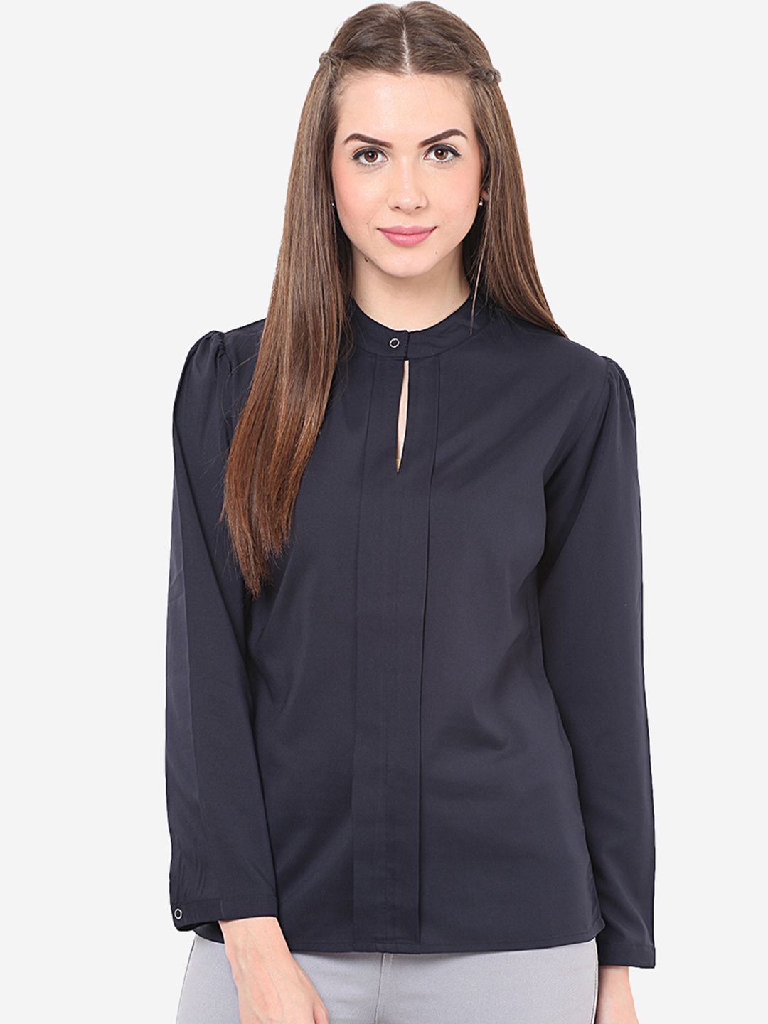 Porsorte Women Navy Blue Regular Fit Solid Formal Shirt