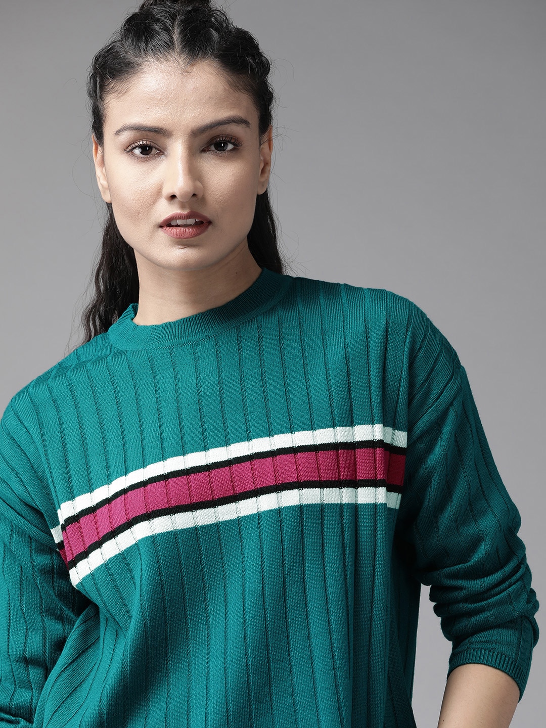 The Roadster Lifestyle Co Women Green Striped Pullover Sweater Price in India