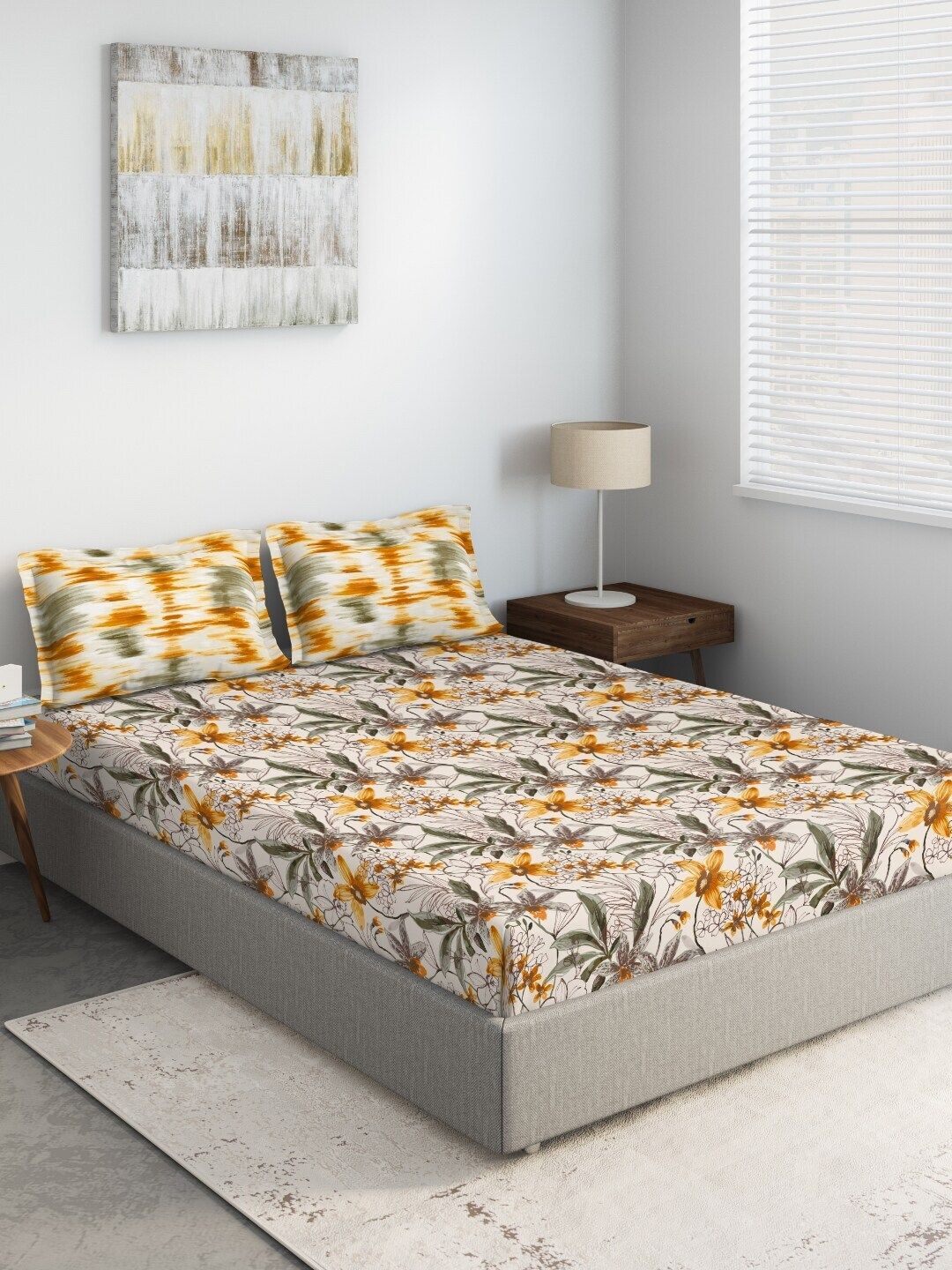 DDecor Off-White & Yellow Floral Printed 140 TC King Bedsheet With 2 Pillow Covers Price in India