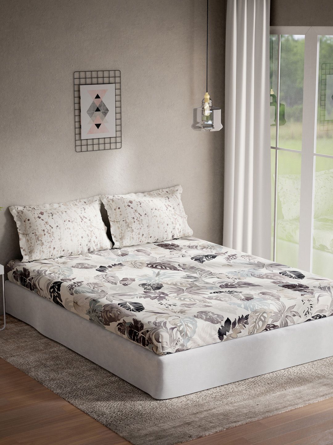 DDecor Grey & White Floral Flat 140 TC 1 Queen Bedsheet with 2 Pillow Covers Price in India