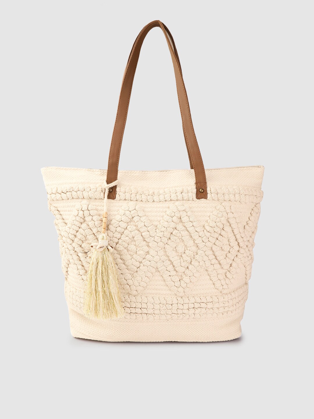 Anouk Women Off-White Woven Design Shoulder Bag with Tasselled Detail Price in India
