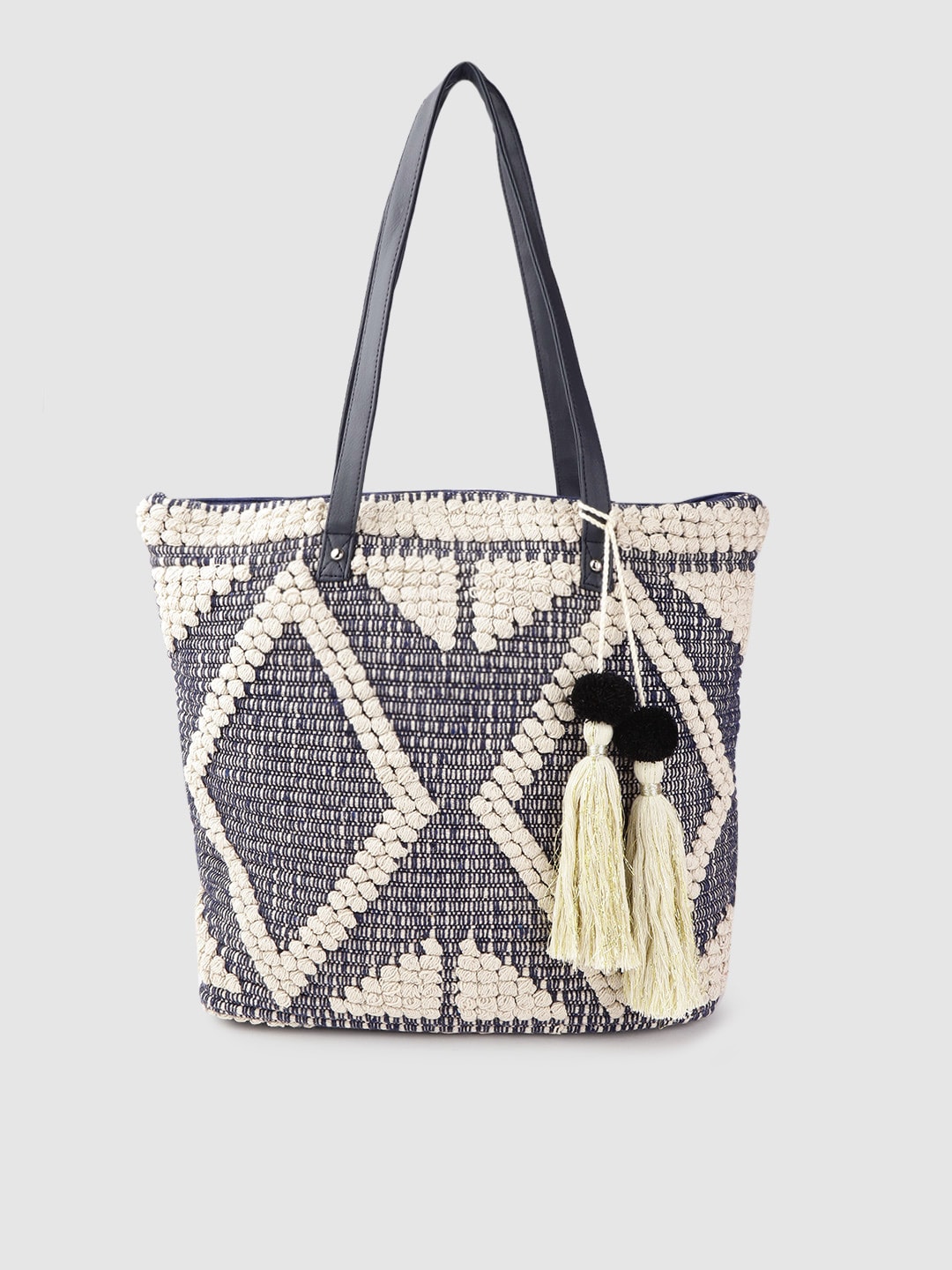 Anouk Women Navy Blue & Off-White Woven Design Shoulder Bag with Tasselled Detail Price in India