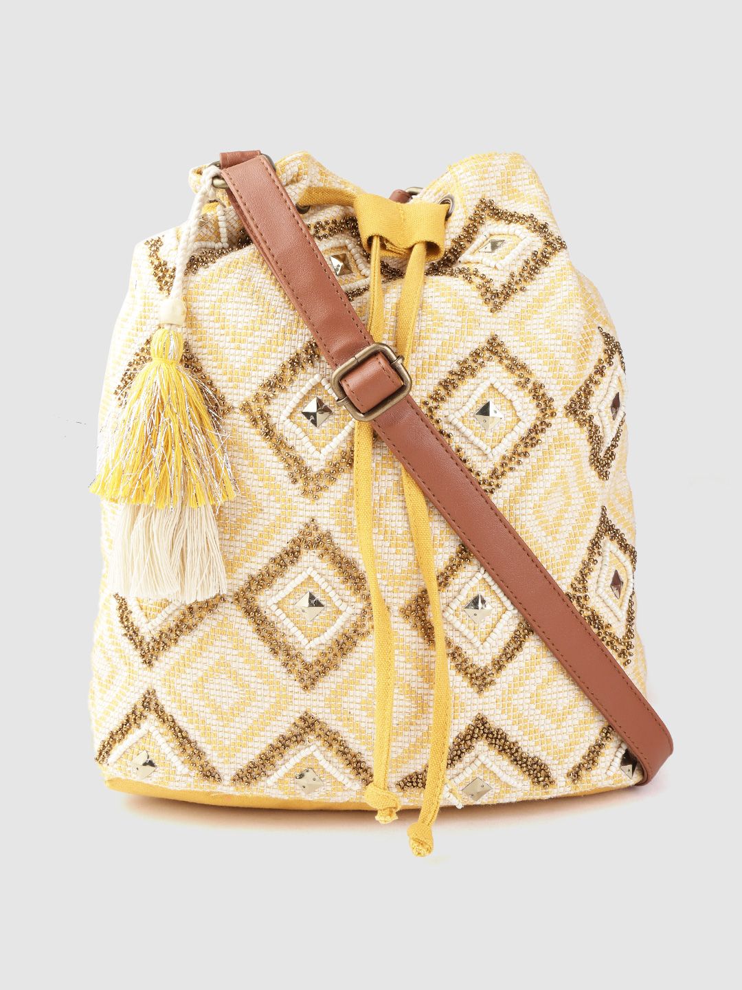 Anouk Women Yellow & Off-White Embellished Sling Bag Price in India