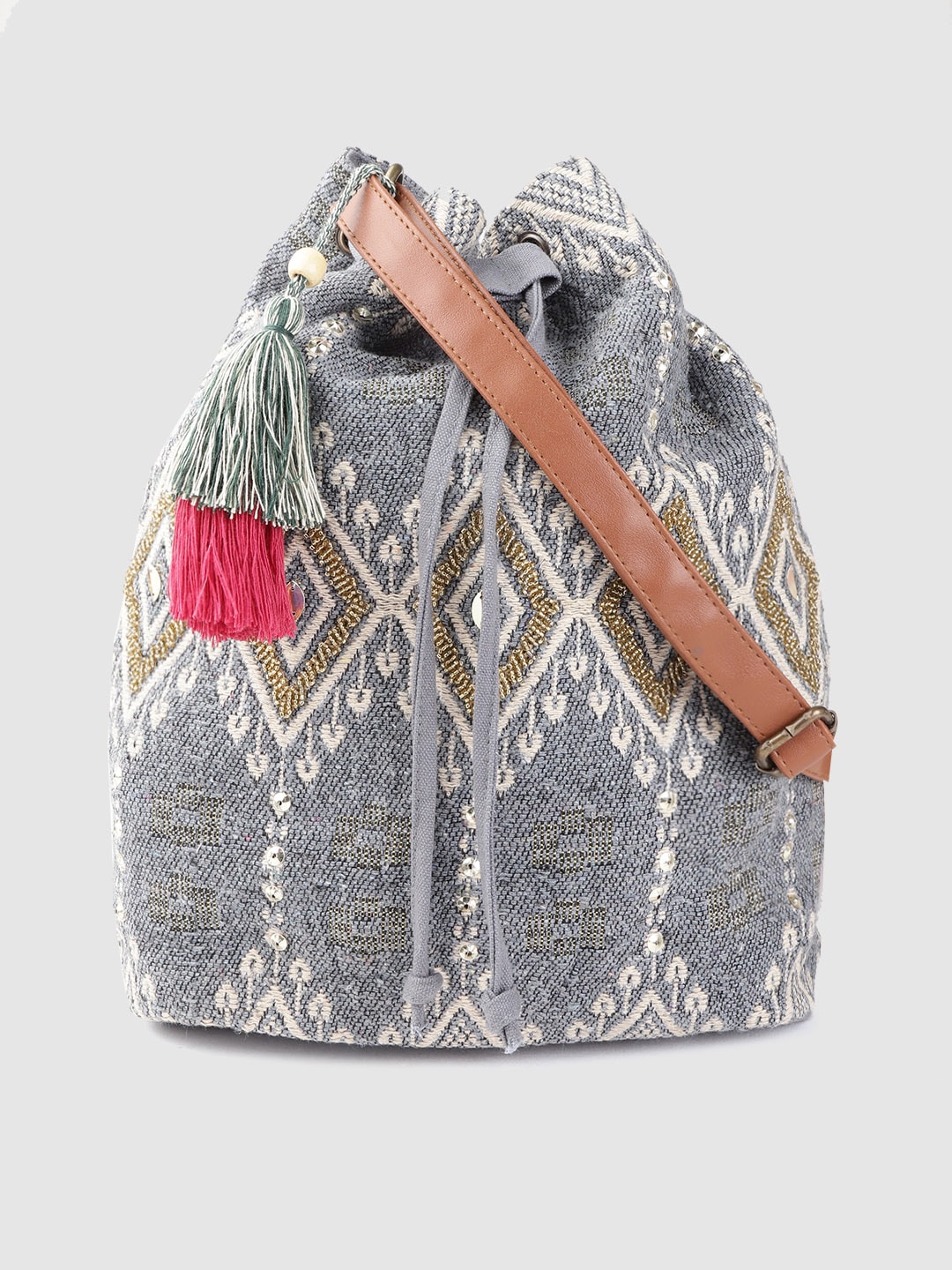 Anouk Women Grey & Off-White Woven Design & Embellished Bucket Sling Bag Price in India