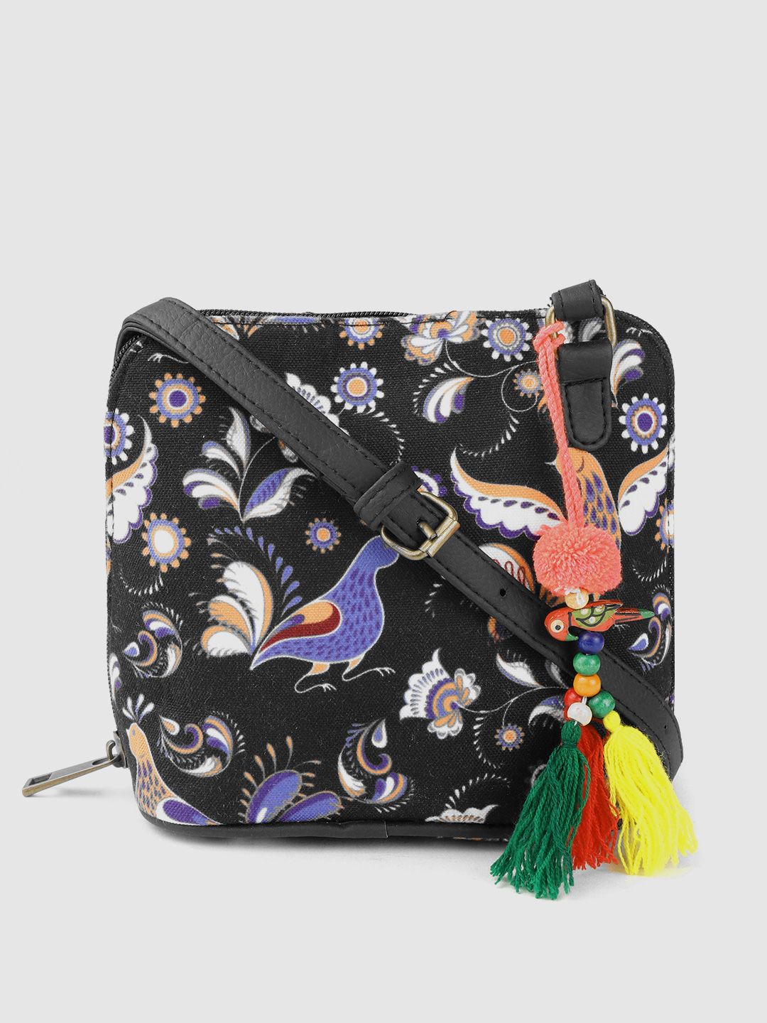 Anouk Black & Blue Ethnic Motifs Print Sling Bag with Tasselled Detail Price in India