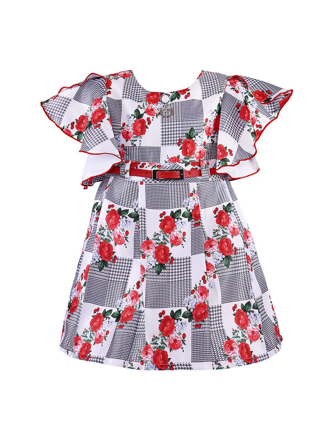 Wish Karo Girls White & Red Printed Fit and Flare Dress