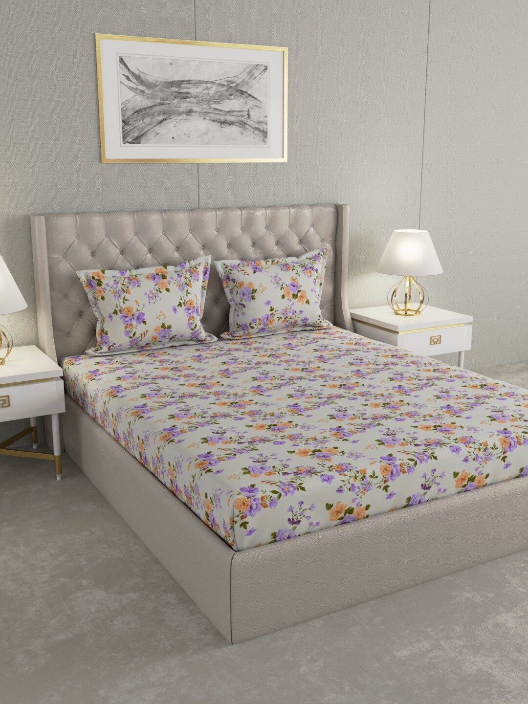 Raymond Home Grey Floral Printed 104 TC King Bedsheet With 2 Pillow Covers Price in India