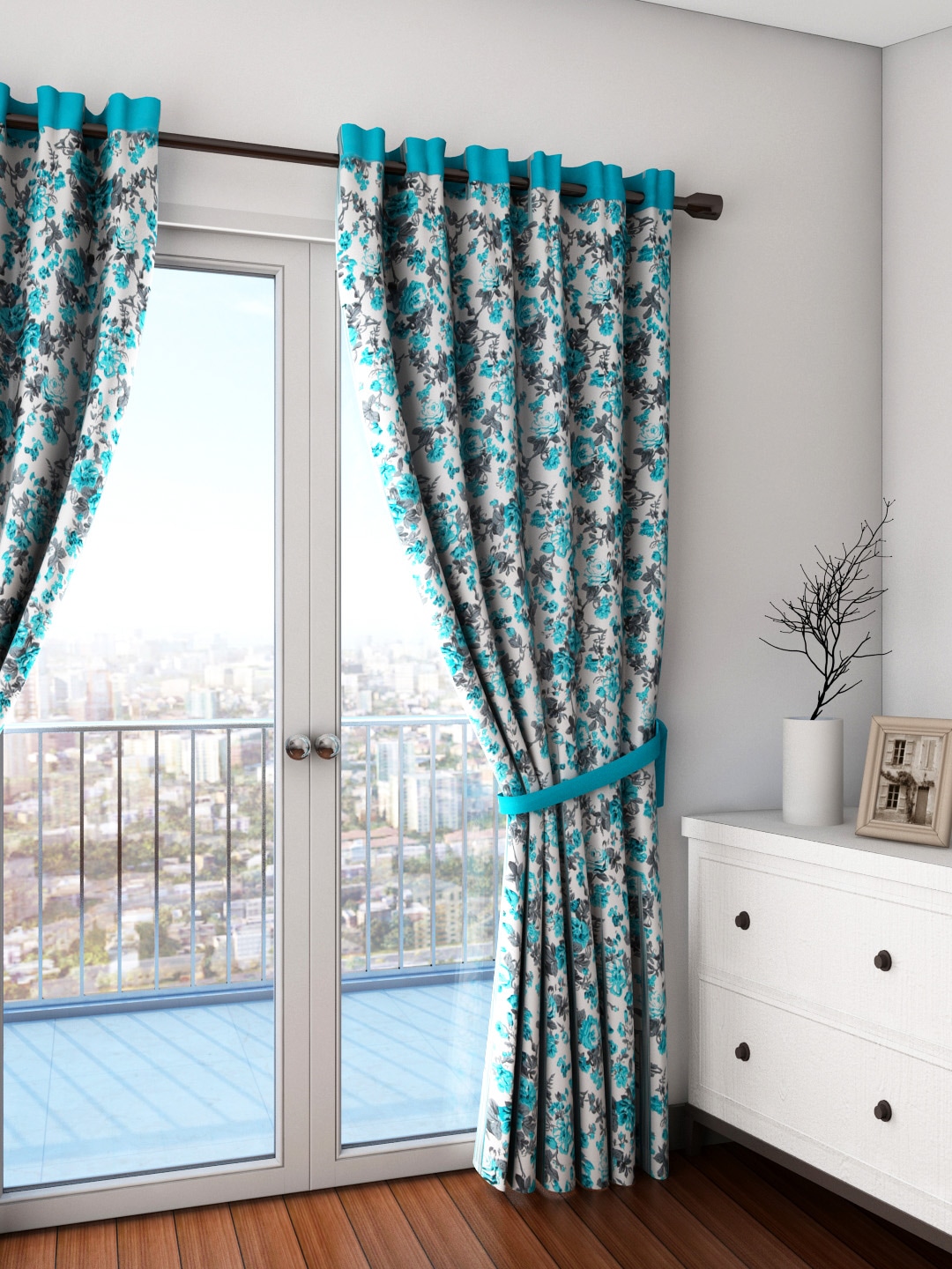 SWAYAM White & Blue Single Floral Print Regular Door Curtain Price in India