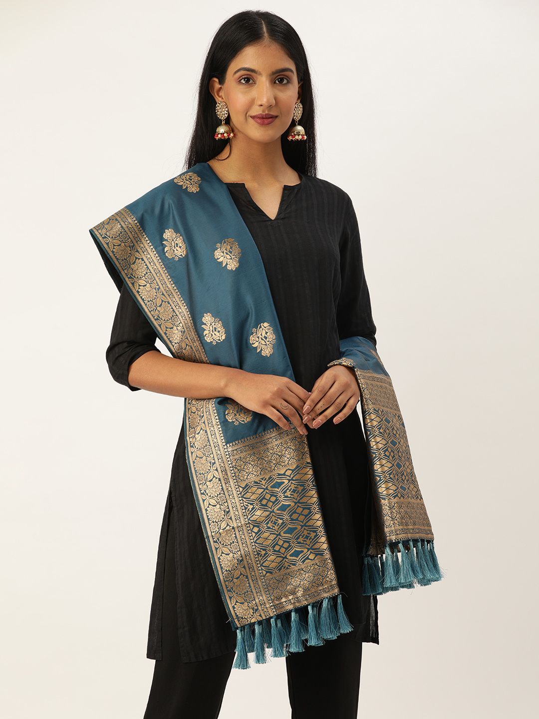 VASTRANAND Blue & Gold-Toned Woven Design Dupatta Price in India