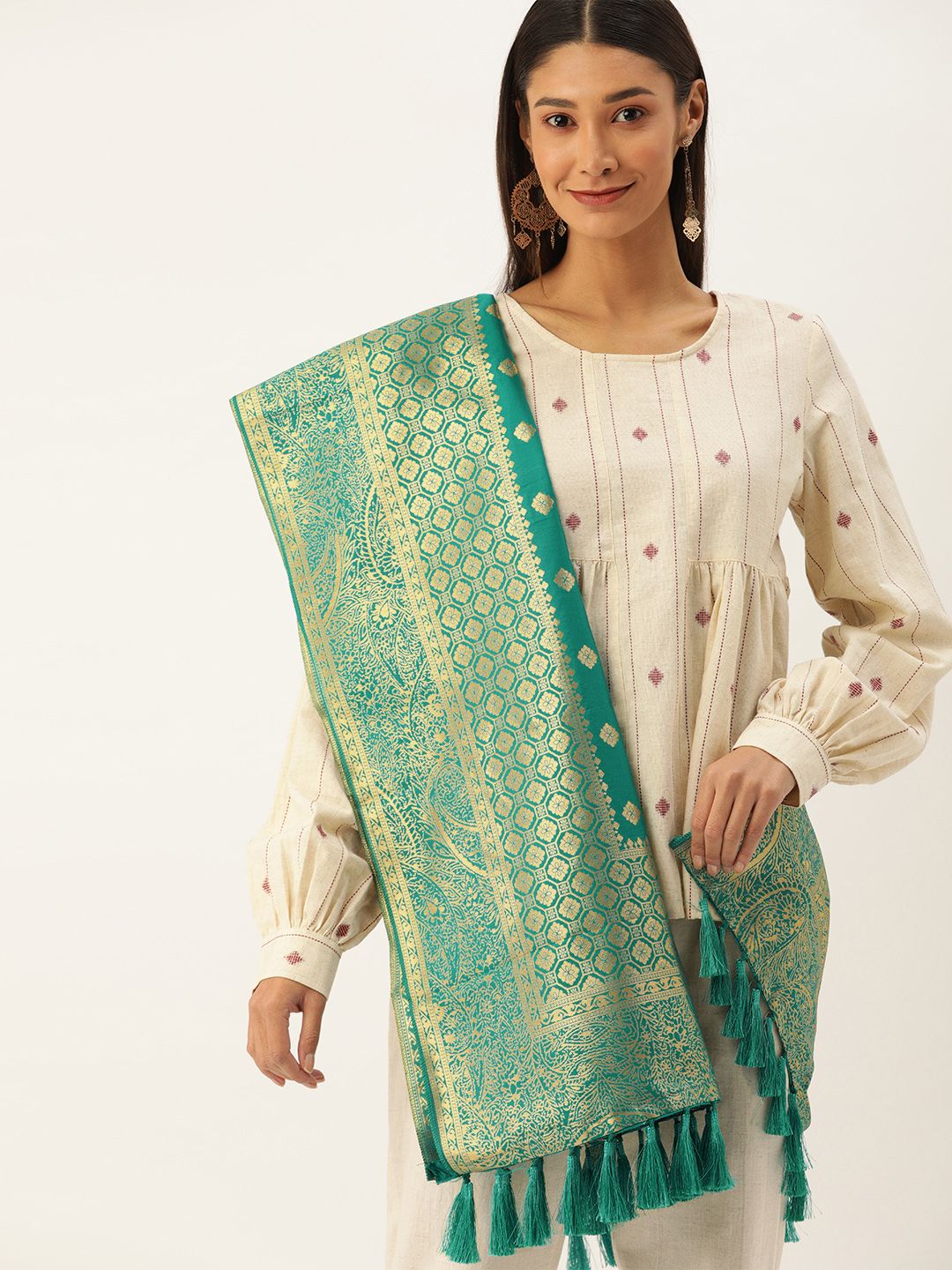 VASTRANAND Teal & Gold-Toned Woven Design Dupatta Price in India