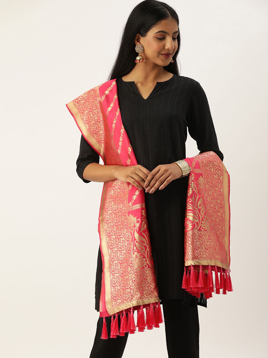 VASTRANAND Pink & Gold-Toned Woven Design Dupatta Price in India