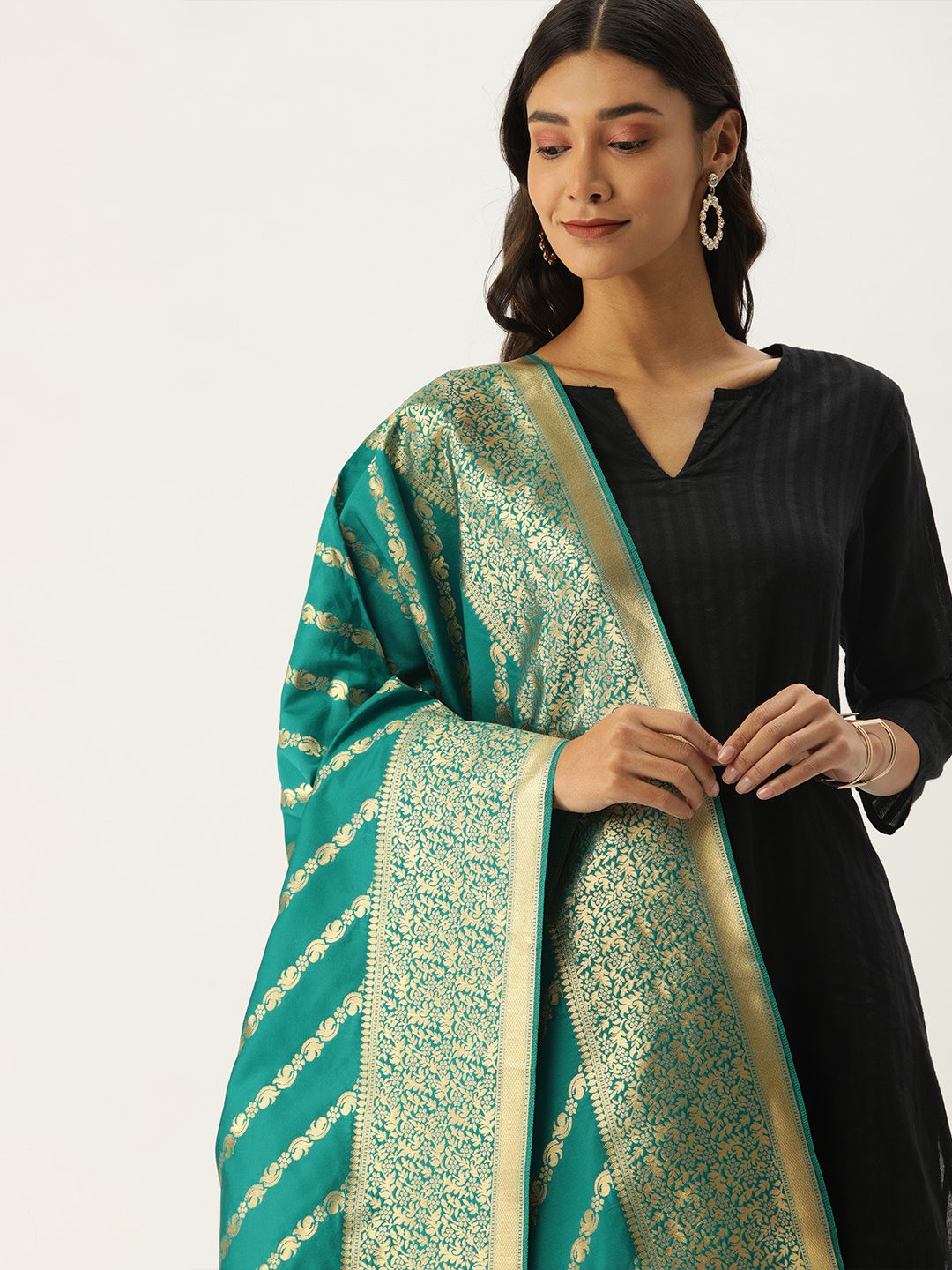 VASTRANAND Teal Green & Gold-Toned Woven Design Dupatta Price in India