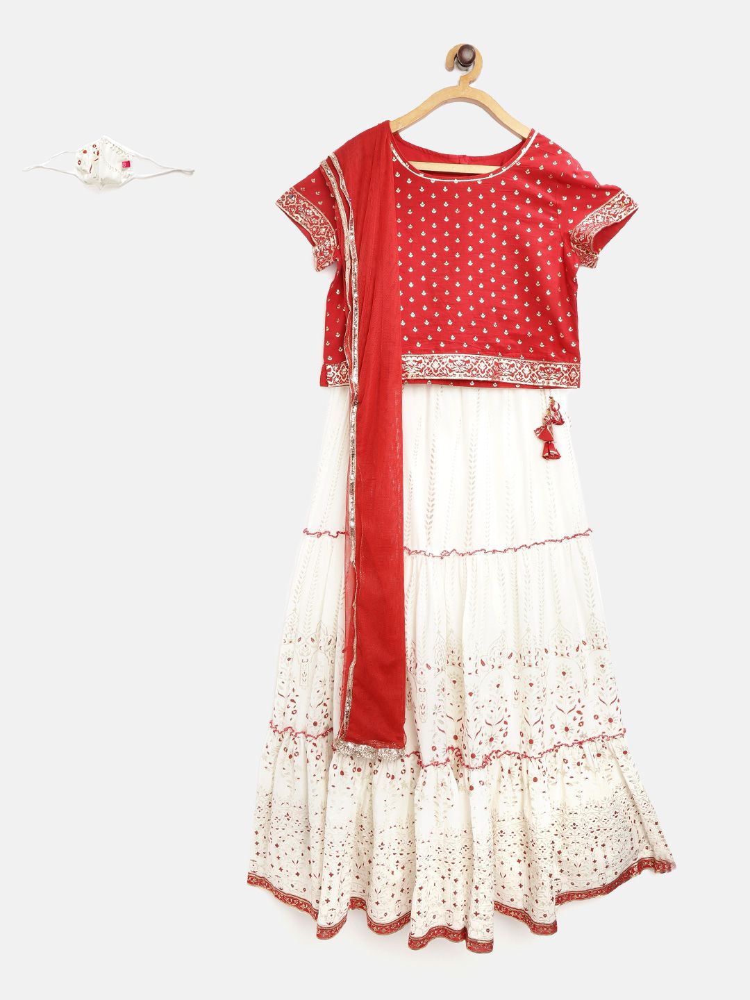 Biba Girls Off-White & Red Printed Ready to Wear Lehenga & Blouse with Dupatta & Mask