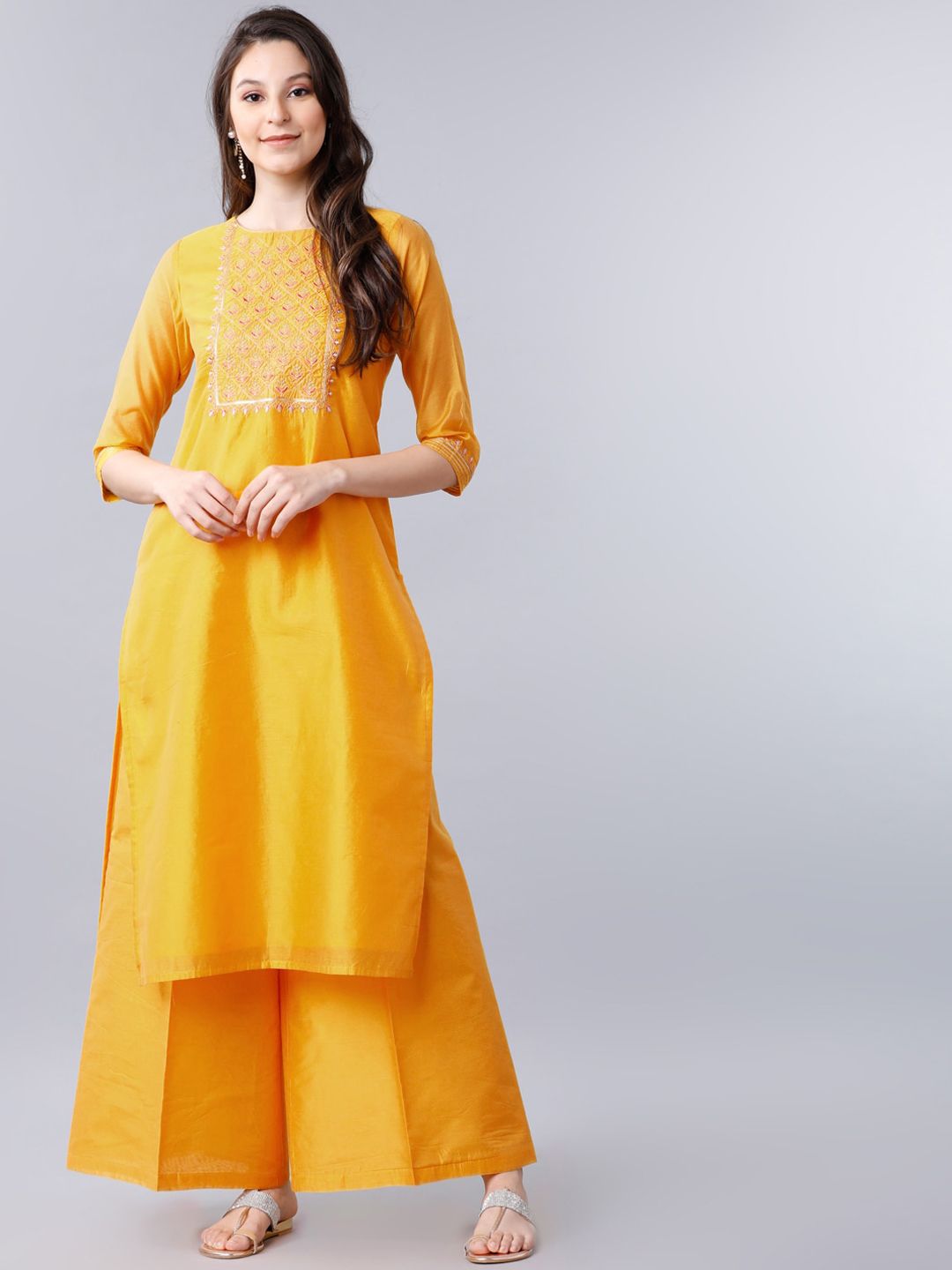 Vishudh Women Yellow Yoke Design Kurta with Palazzos Price in India