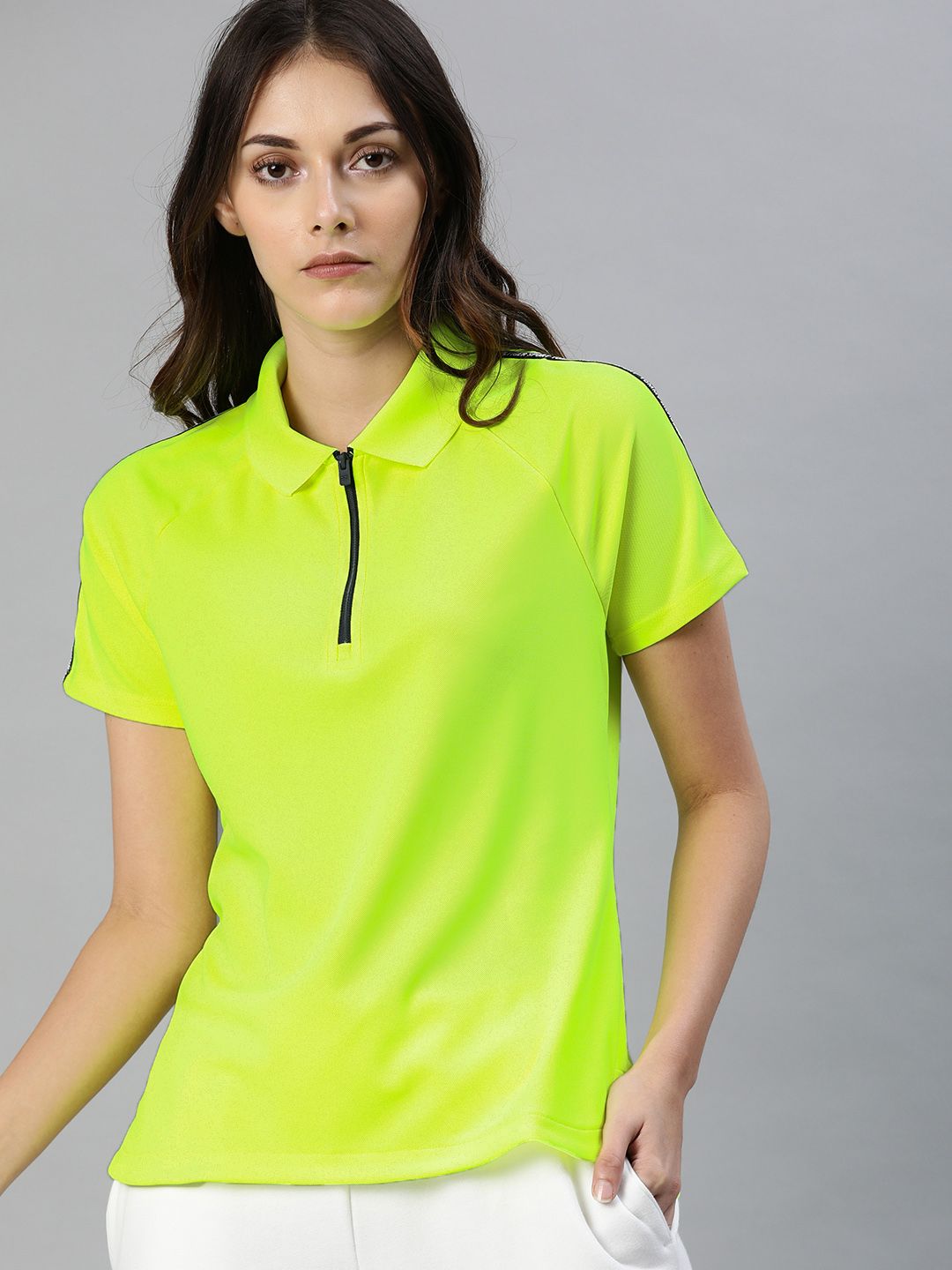 Tommy Hilfiger Sport Women Fluorescent Green Solid Wicking Polo Collar T-shirt