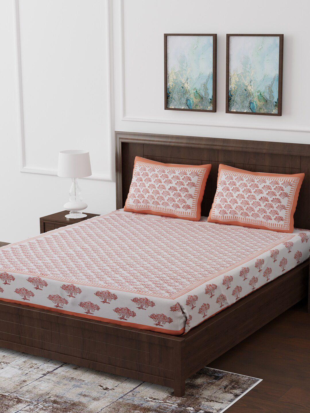 Gulaab Jaipur White & Orange Block Print 350 TC Double King Bedsheet With 2 Pillow Covers Price in India