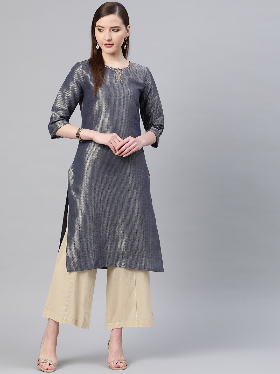W Women Navy Blue & Golden Zari Woven Design Straight Kurta Price in India