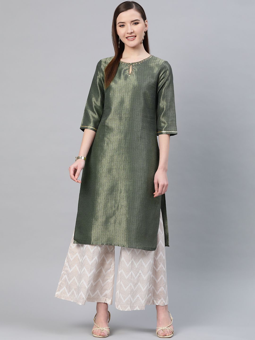 W Women Green & Golden Zari Woven Design Straight Kurta Price in India
