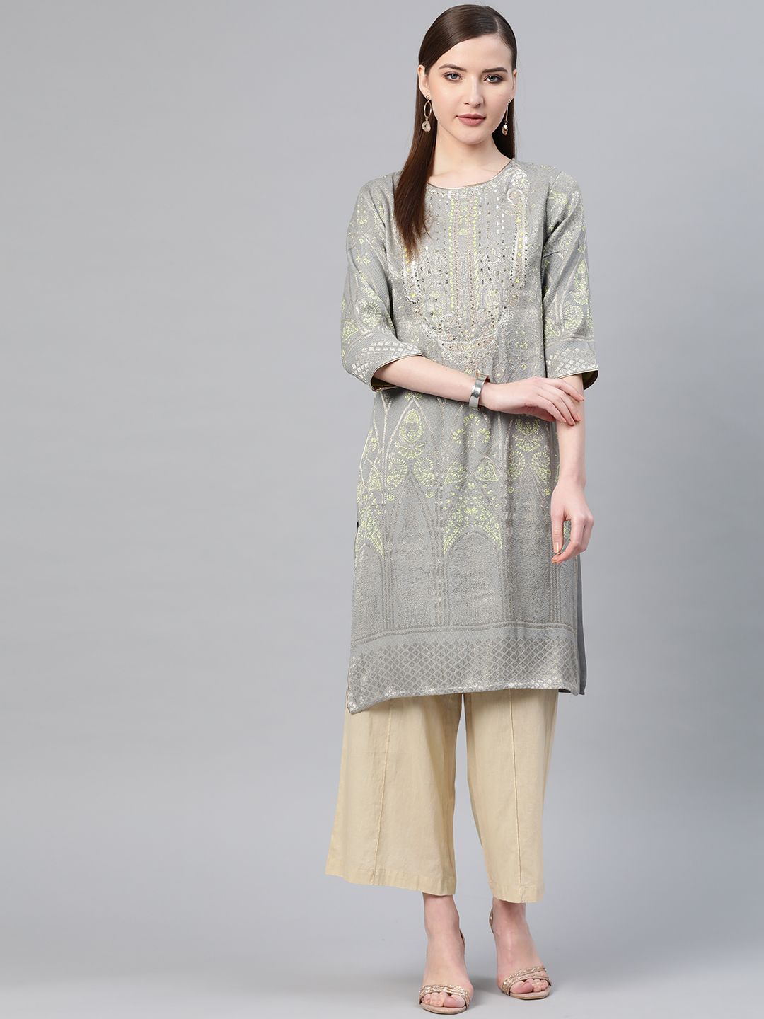 W Women Grey & Golden Woven Design Straight Kurta Price in India