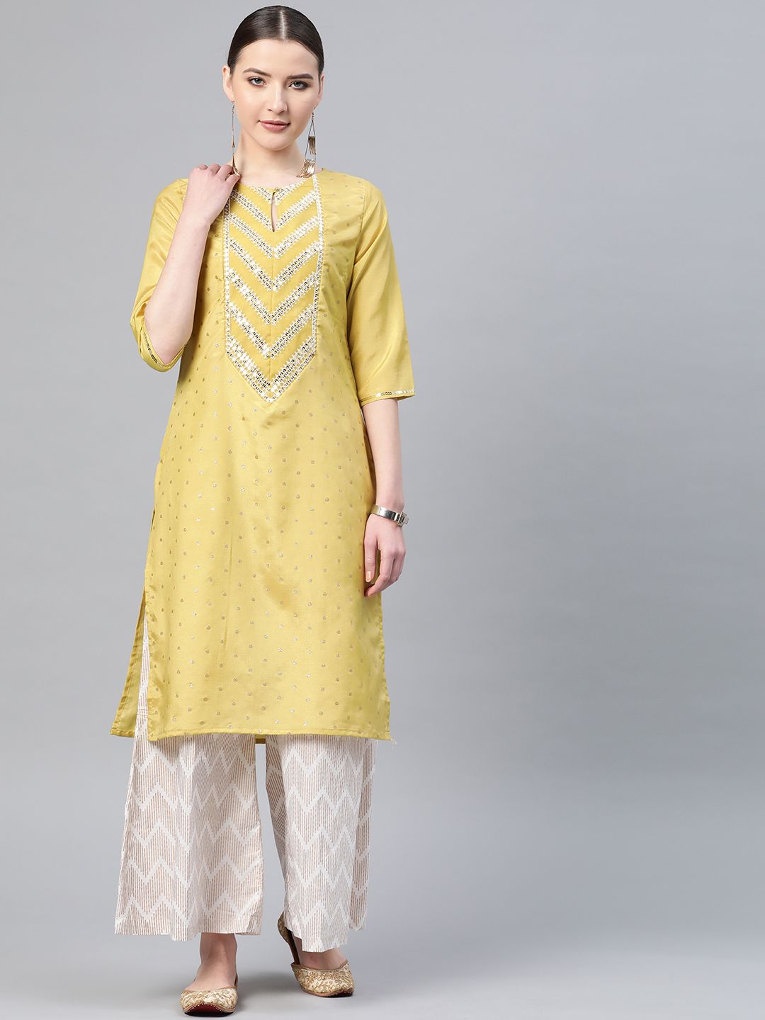 W Women Yellow & Yellow Sequin Embellished Straight Kurta Price in India
