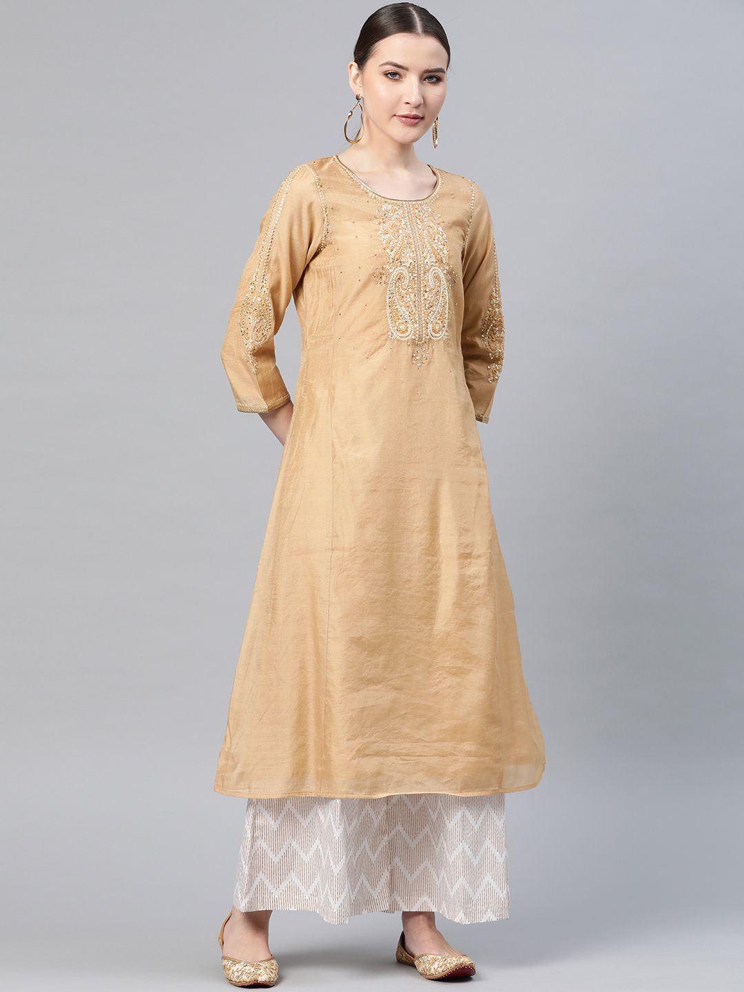W Women Beige Ethnic Motifs Embroidered & Sequinned A-Line Kurta Price in India
