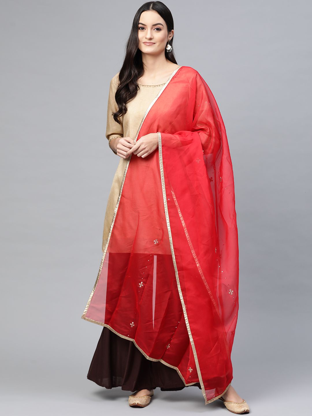 W Red & Golden Embroidered Dupatta Price in India
