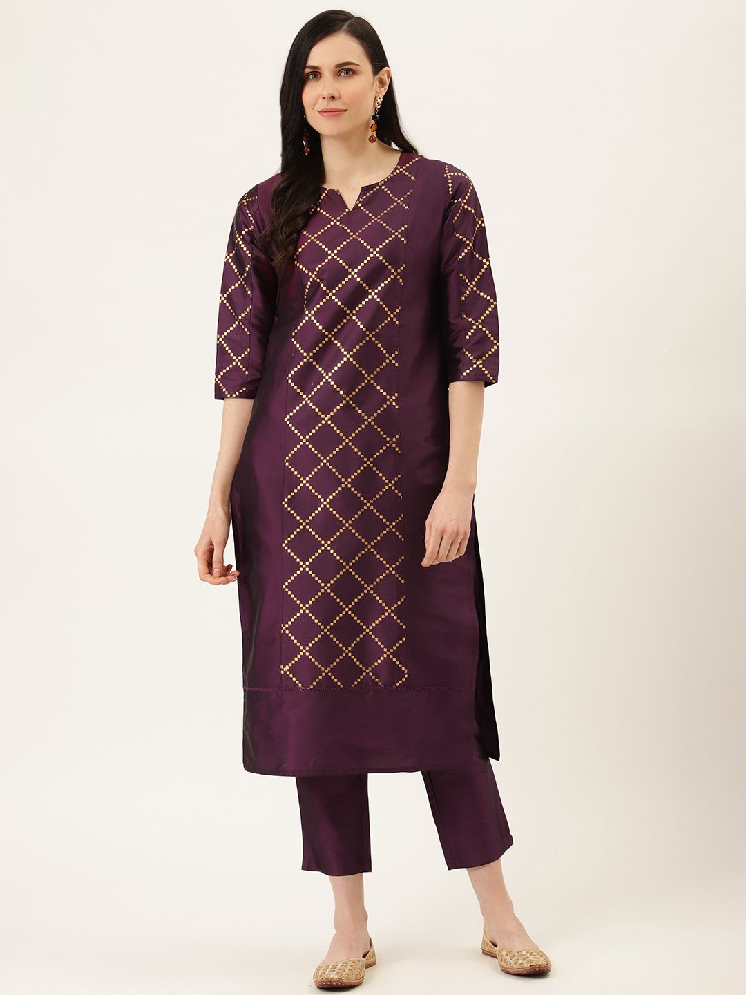 Jaipur Kurti Women Purple & Golden Printed Kurta with Trousers Price in India