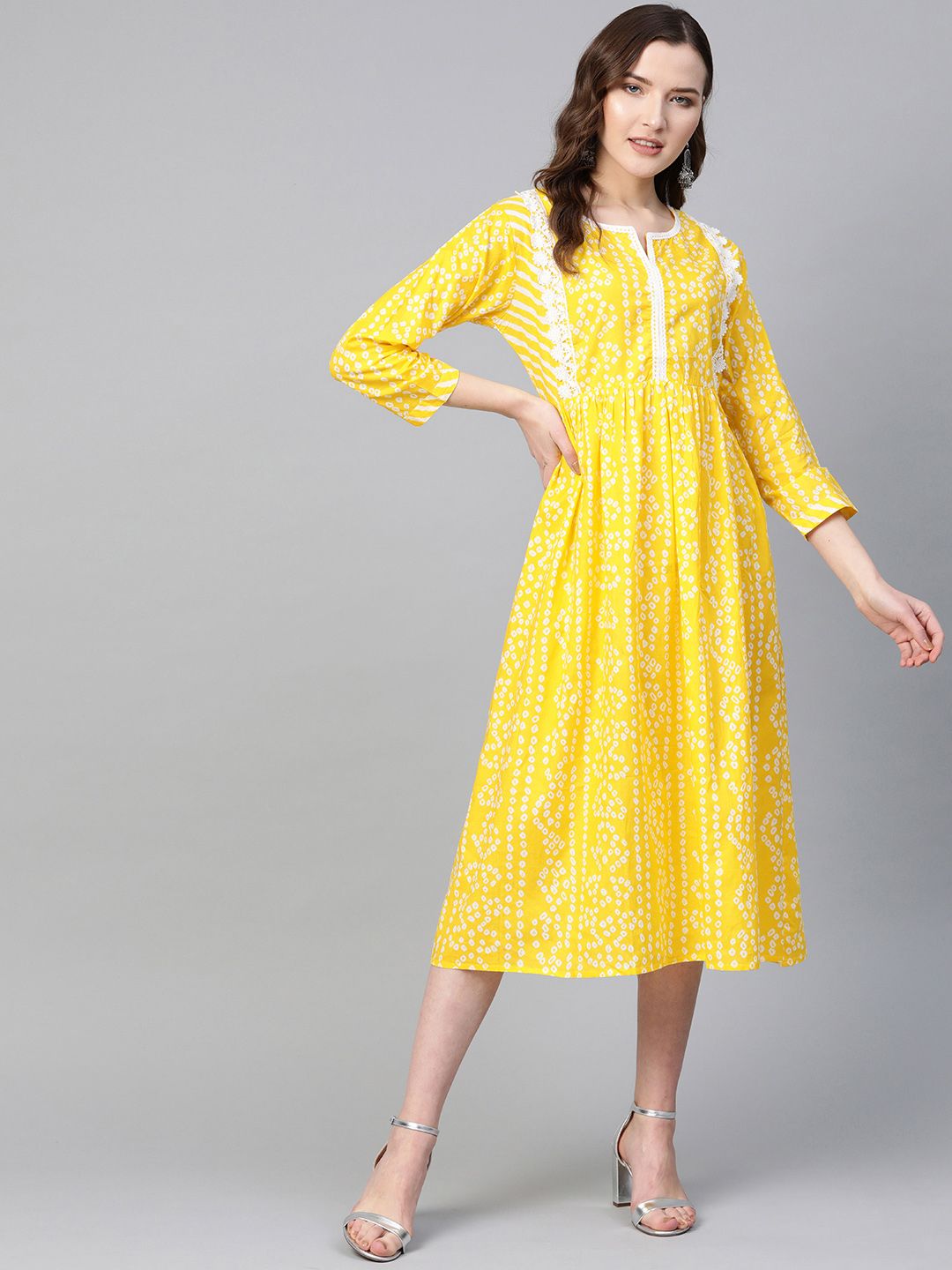 Bhama Couture Women Yellow & White Bandhani Print Pure Cotton A-Line Dress