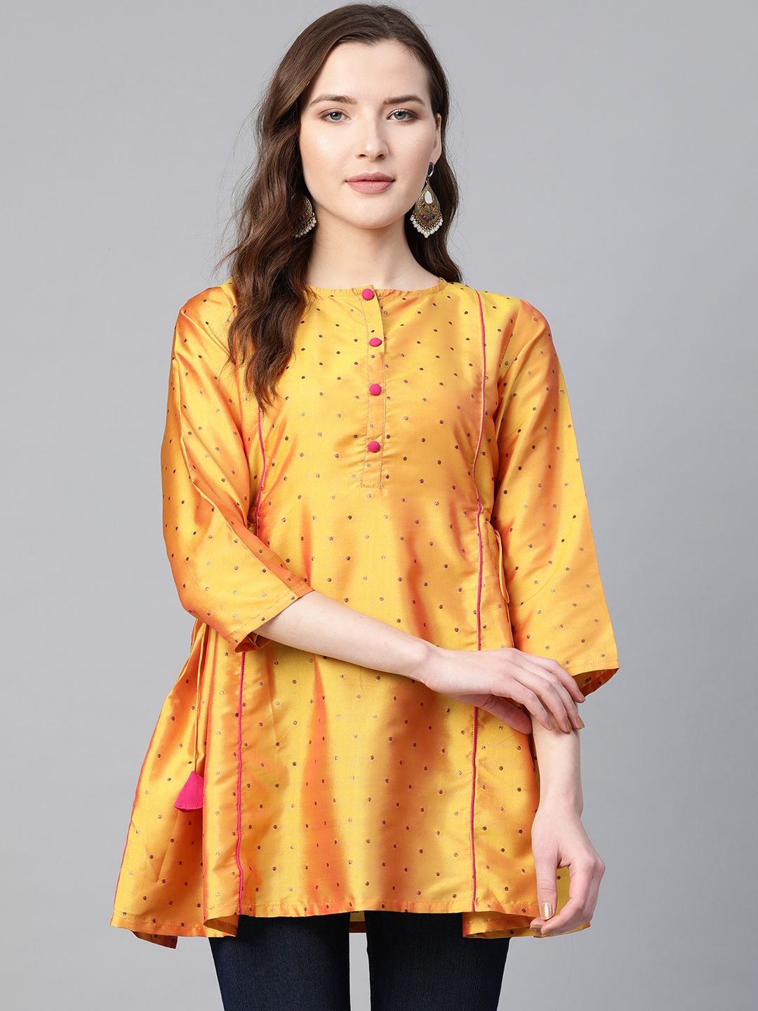 Bhama Couture Women Yellow Woven Design A-Line Tunic Price in India
