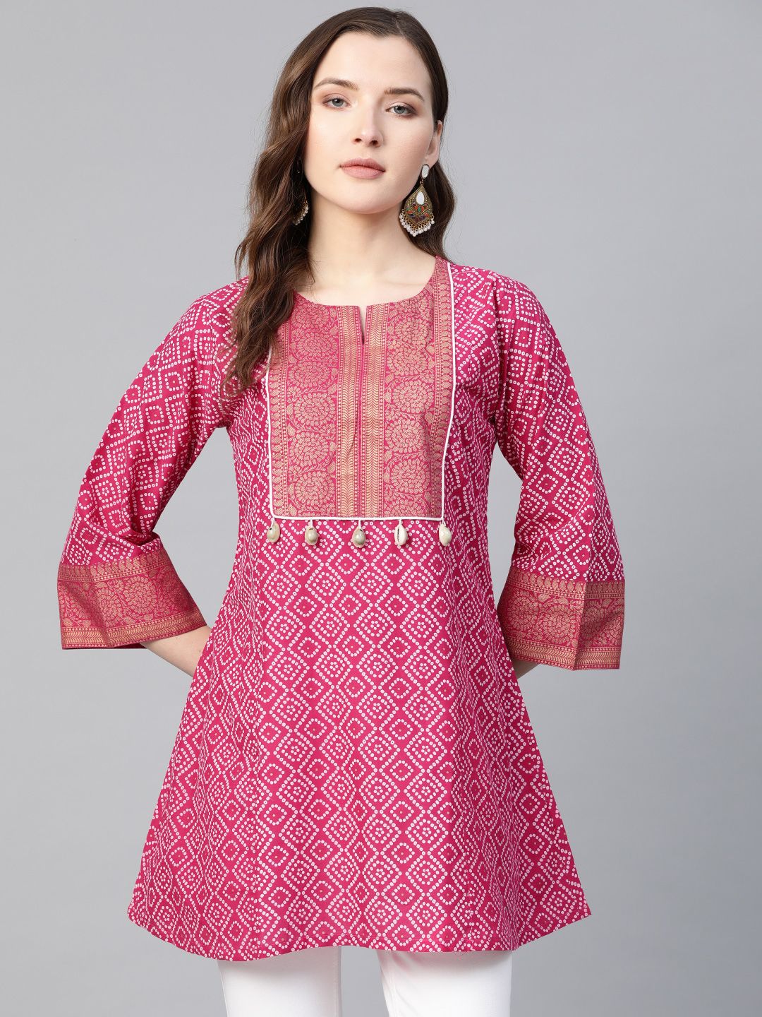 Bhama Couture Women Pink & White Cotton Bandhani Print Tunic Price in India