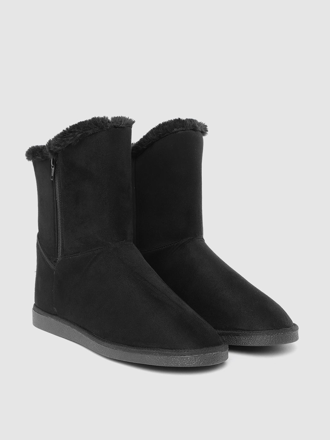 Carlton London Women Black Solid Synthetic Suede Finish Faux Fur Lined Mid-Top Flat Boots Price in India