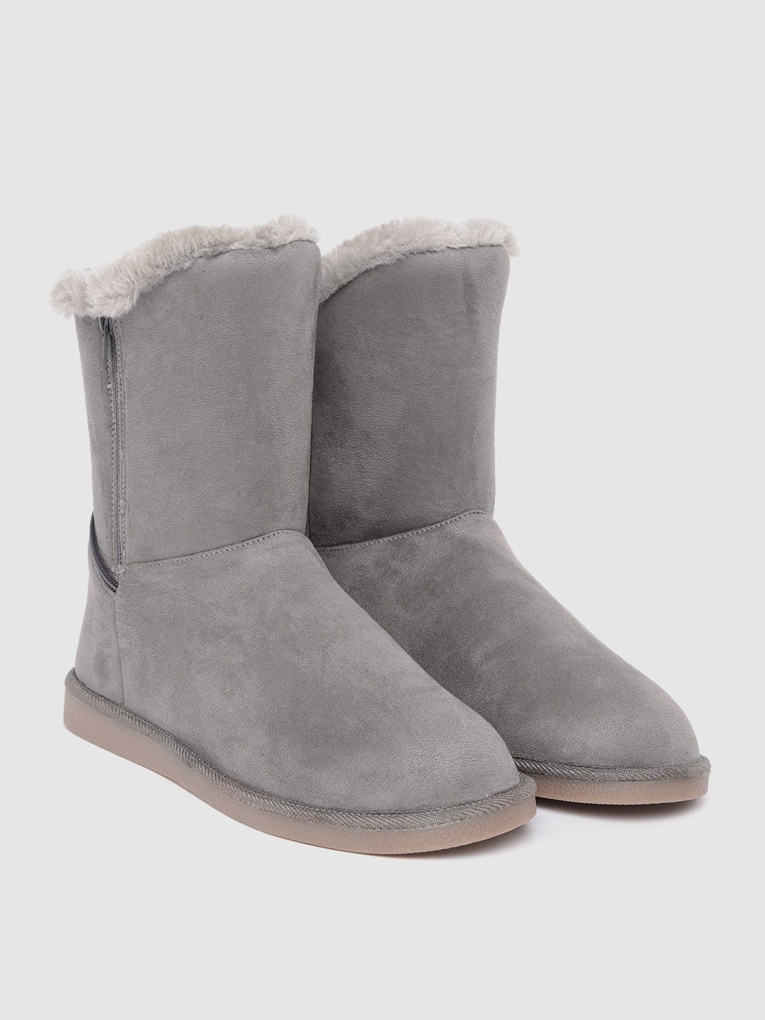 Carlton London Women Grey Solid Synthetic Suede Finish Faux Fur Lined Mid-Top Flat Boots Price in India